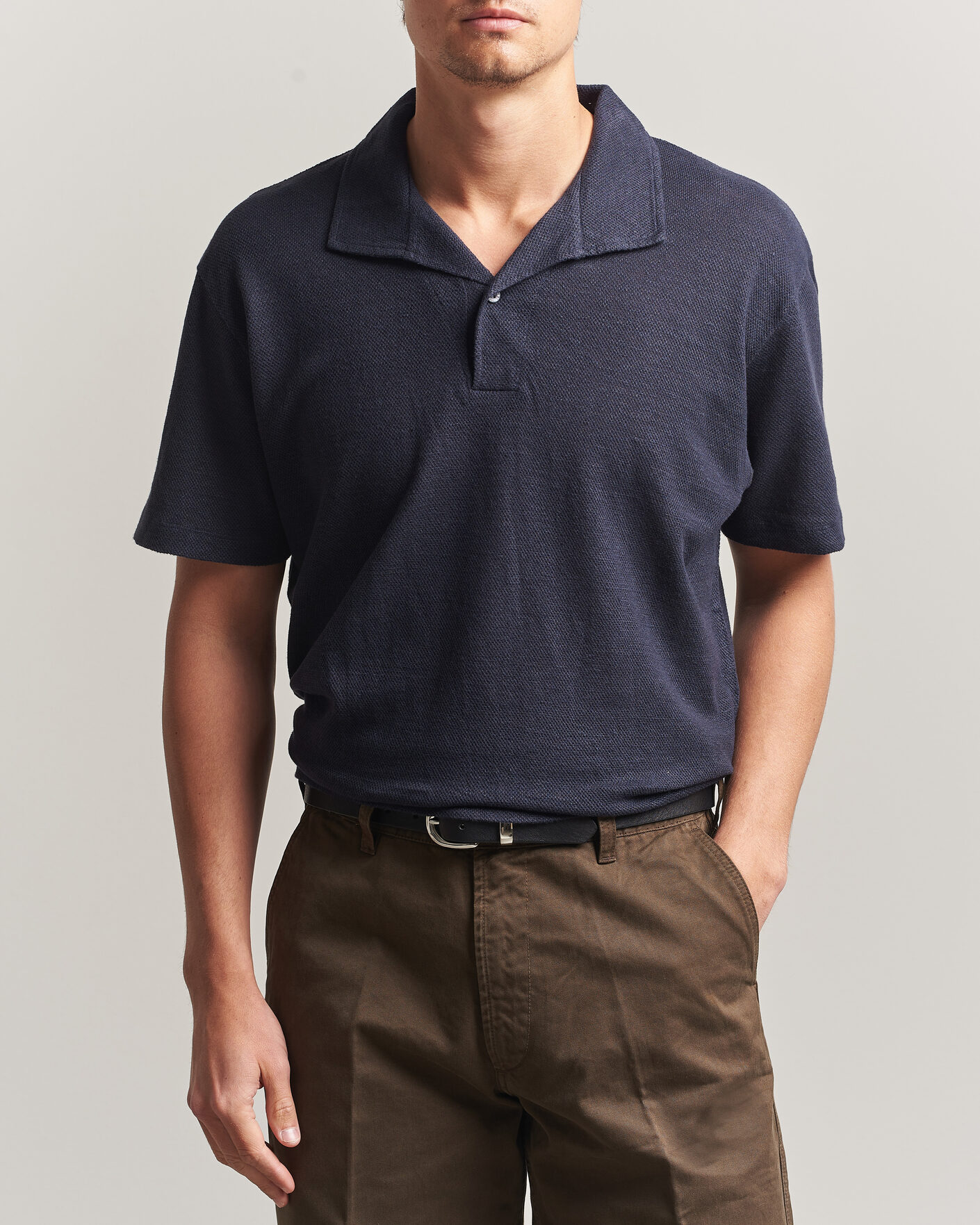 Herre | Polotrøjer | Sunspel | Cotton/Linen Pique Polo Navy
