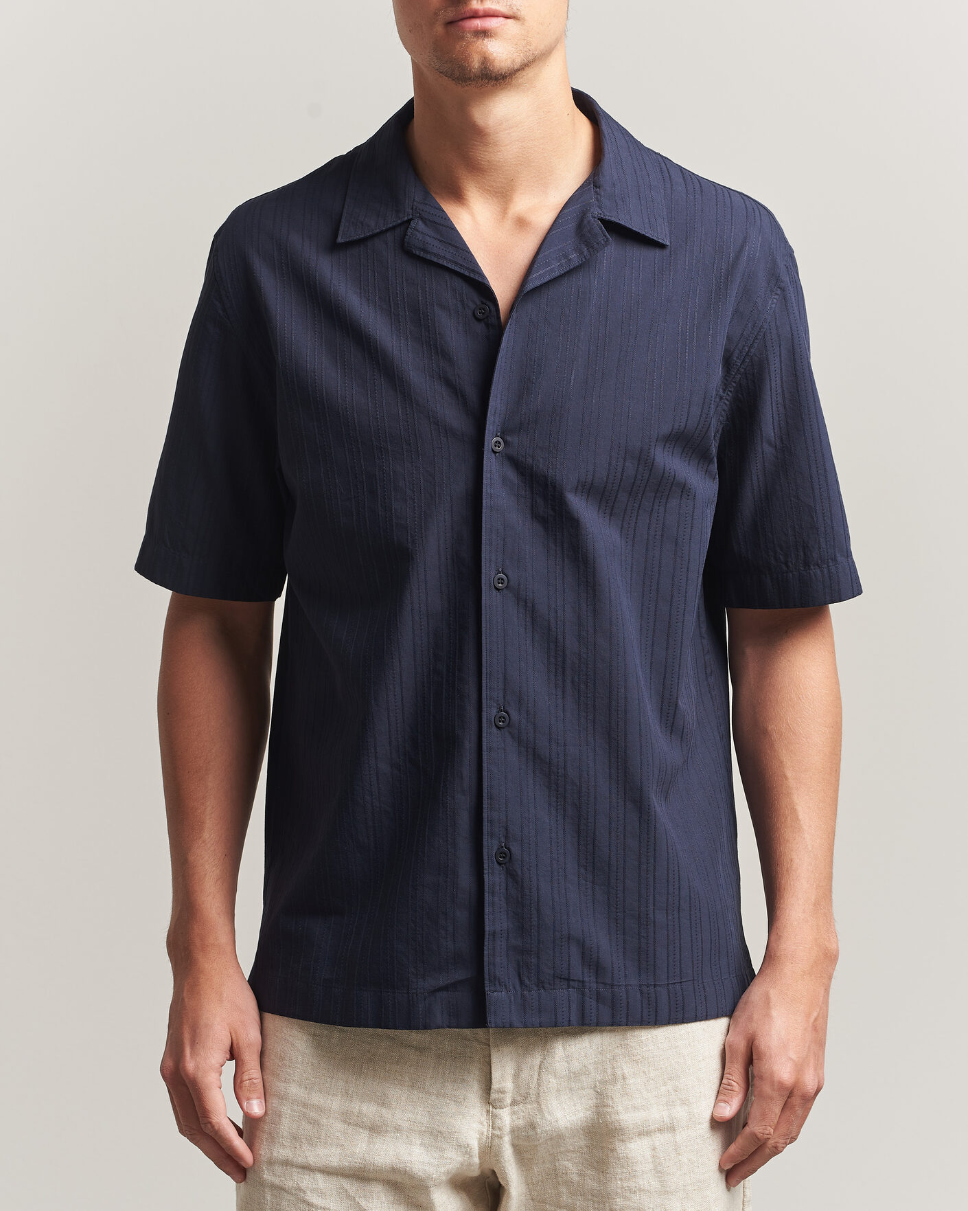 Herre | Skjorter | Sunspel | Short Sleeve Textured Stripe Shirt Navy