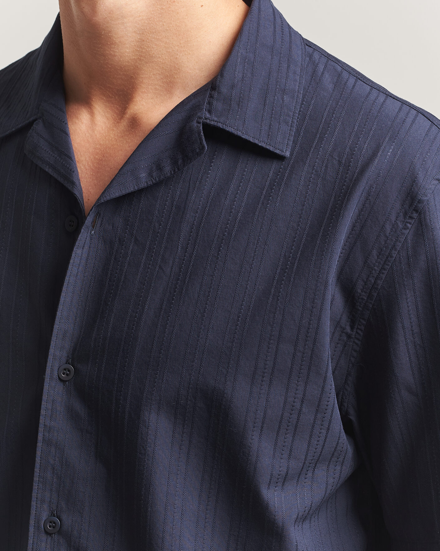 Herre | Skjorter | Sunspel | Short Sleeve Textured Stripe Shirt Navy