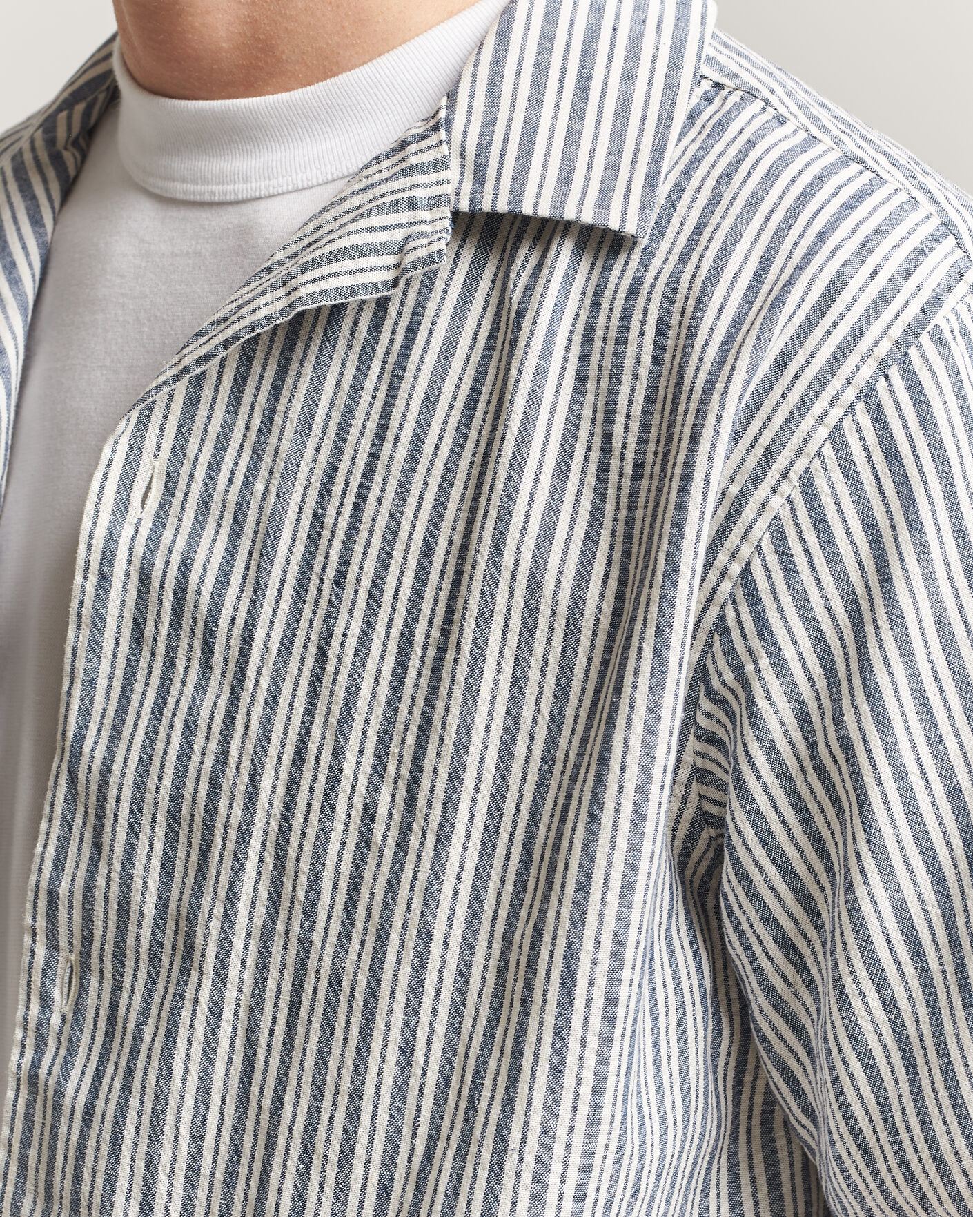 Herre | Skjorter | LES DEUX | Stripe Cotton/Linen Short Sleeve Shirt Dark Blue