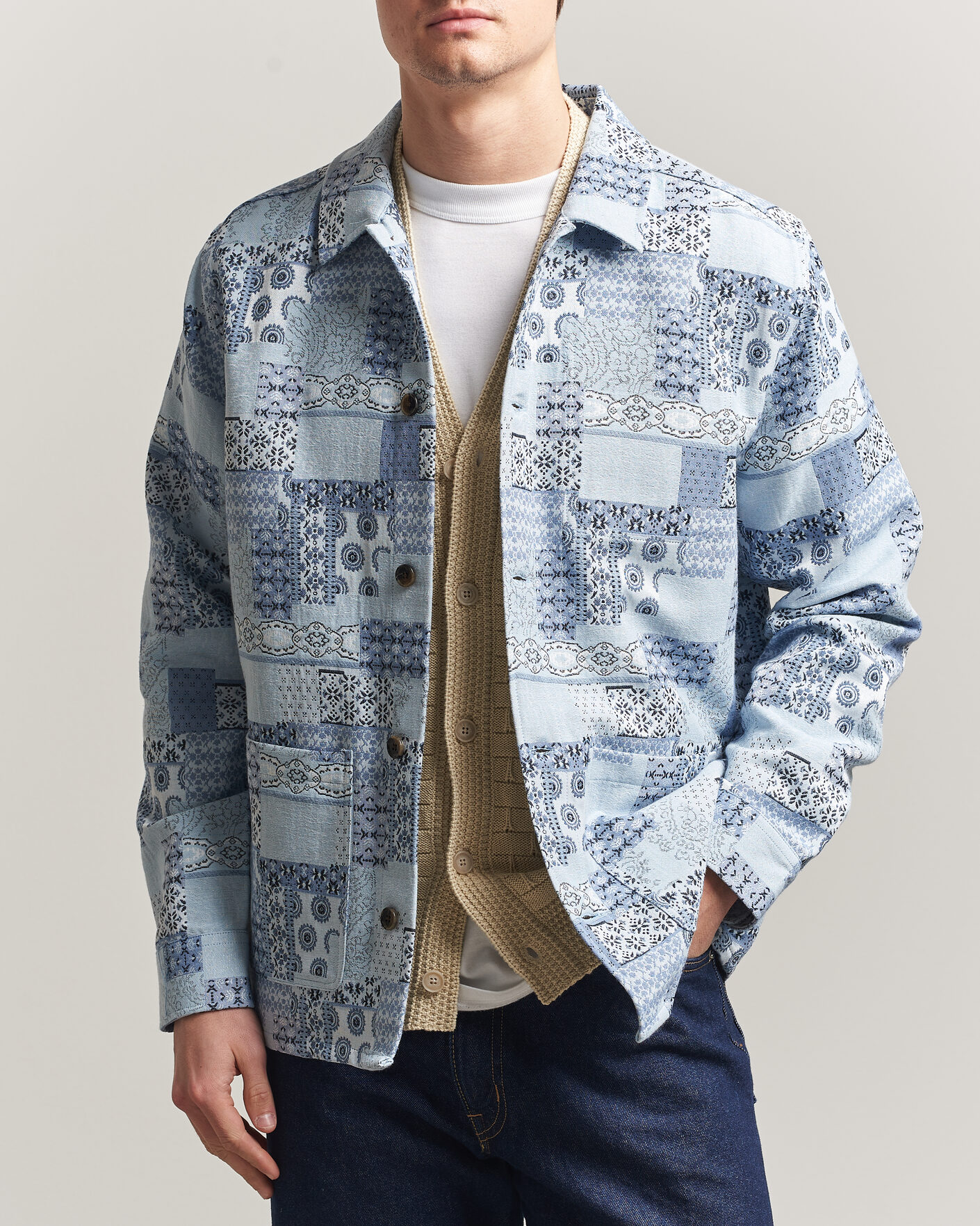 Herre | Skjorter | LES DEUX | Patchwork Jacquard Overshirt Skyway Blue