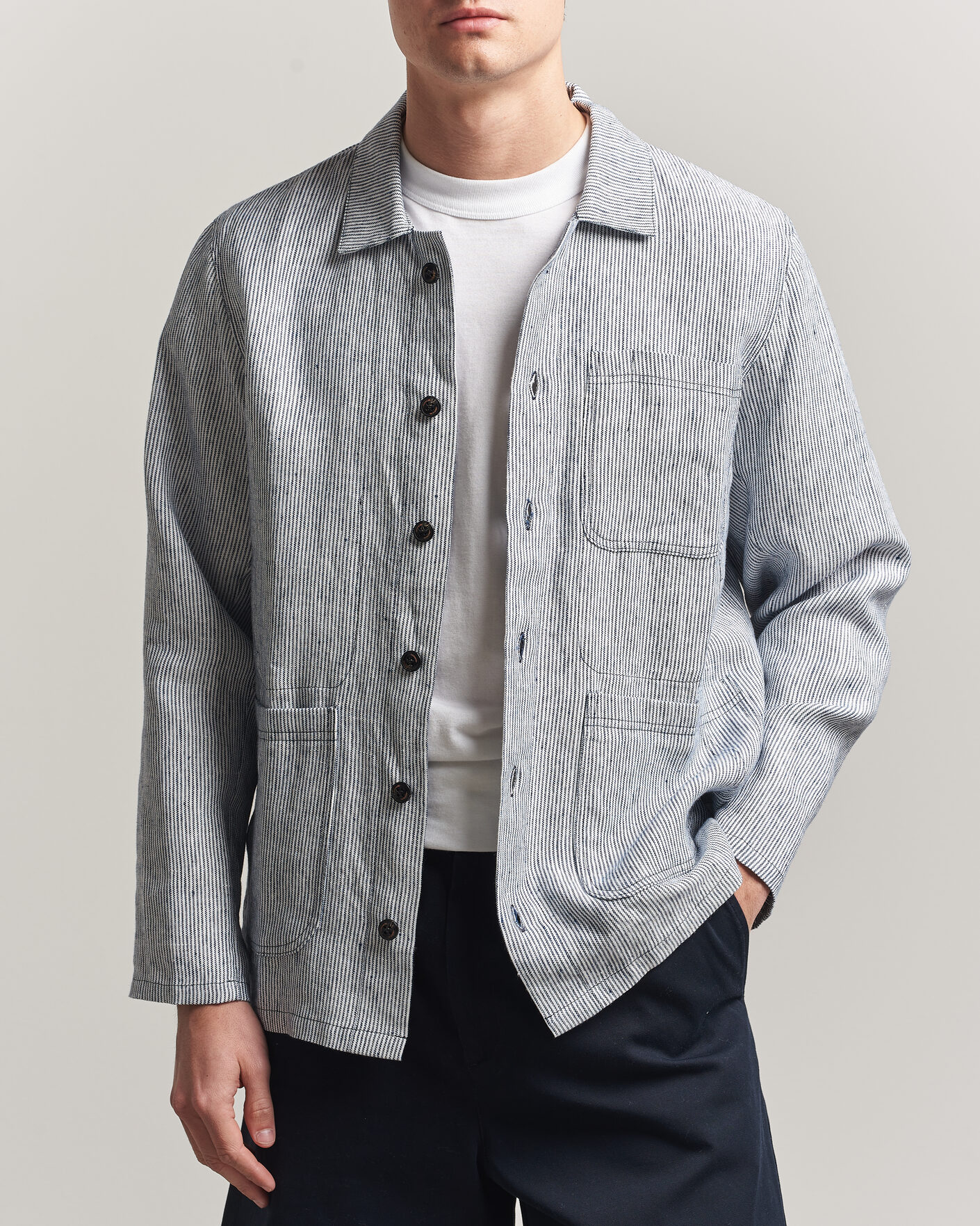 Herre | Skjorter | Peregrine | Windsor Linen Shacket Navy Stripe