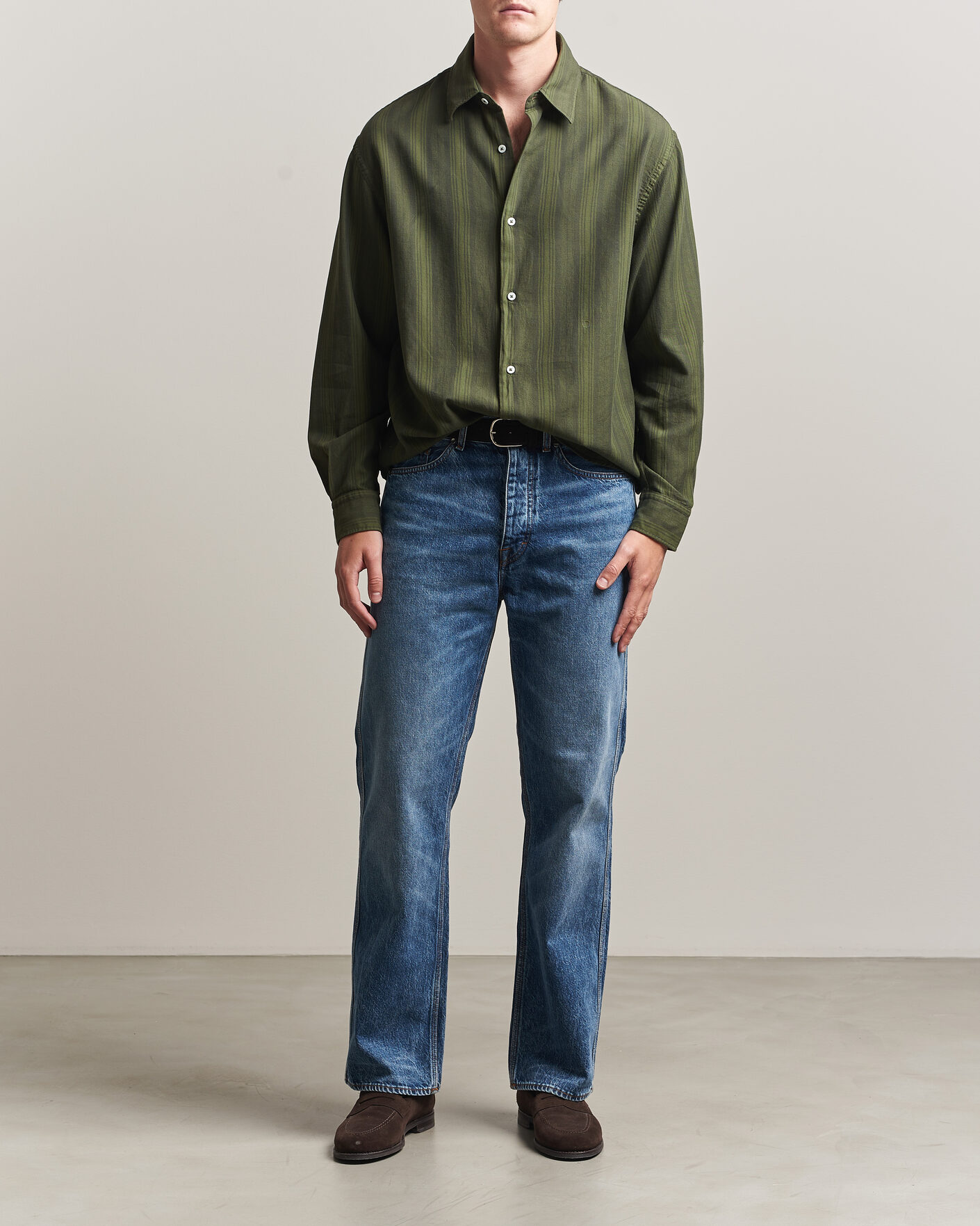 Herre | Skjorter | Massimo Alba | Boxy Striped Cotton Shirt Moss Green