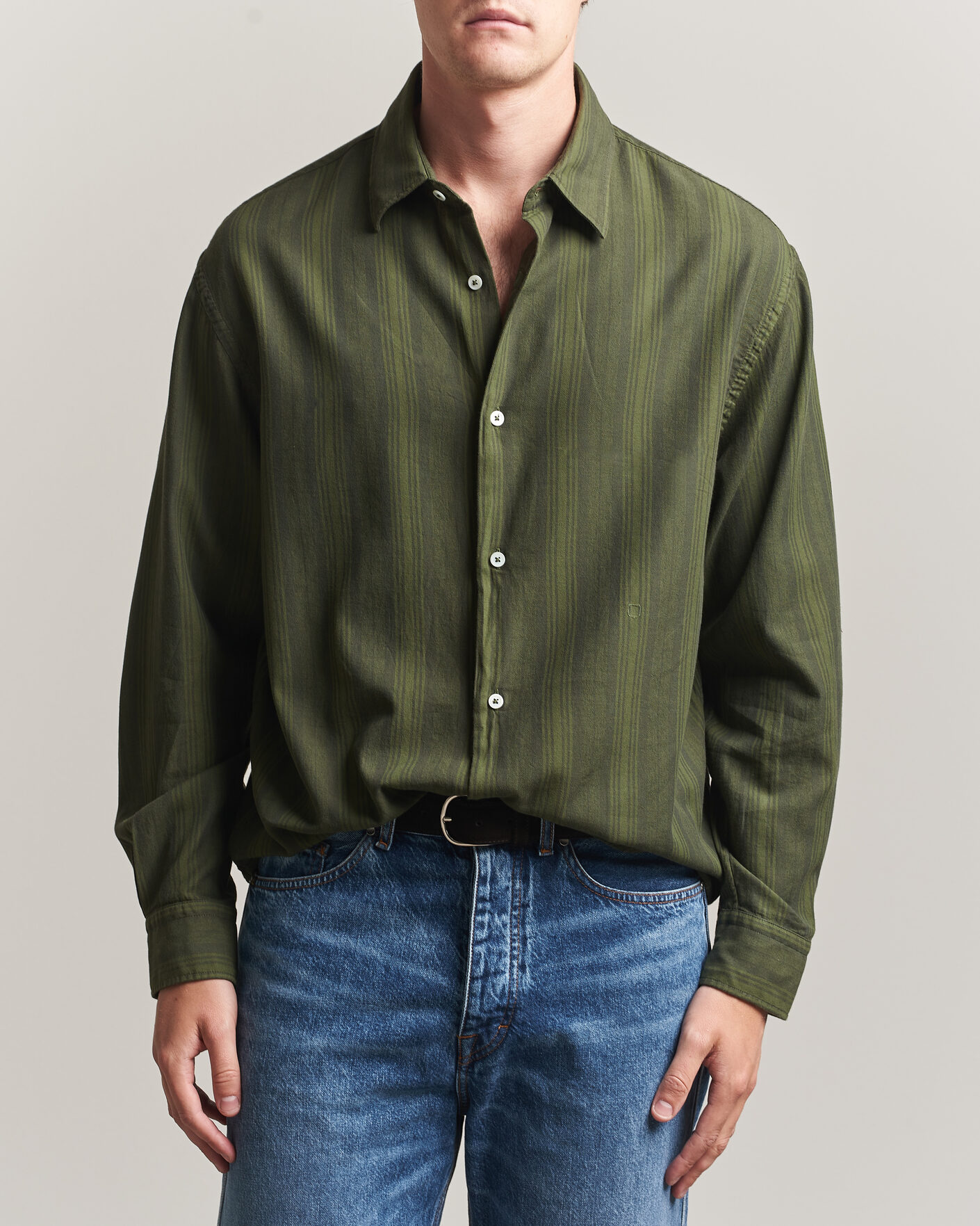 Herre | Skjorter | Massimo Alba | Boxy Striped Cotton Shirt Moss Green