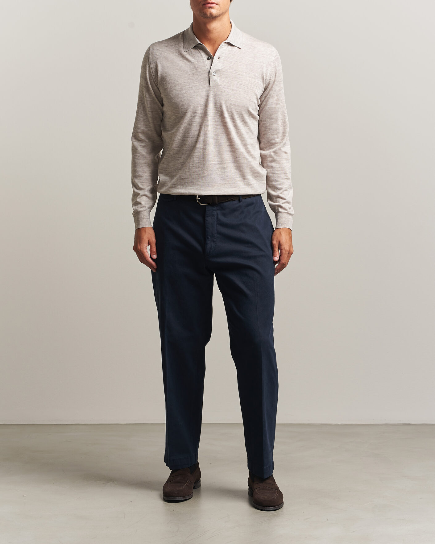 Herre | Trøjer | Fedeli | 140s Fine Wool Long Sleeve Polo Beige Melange