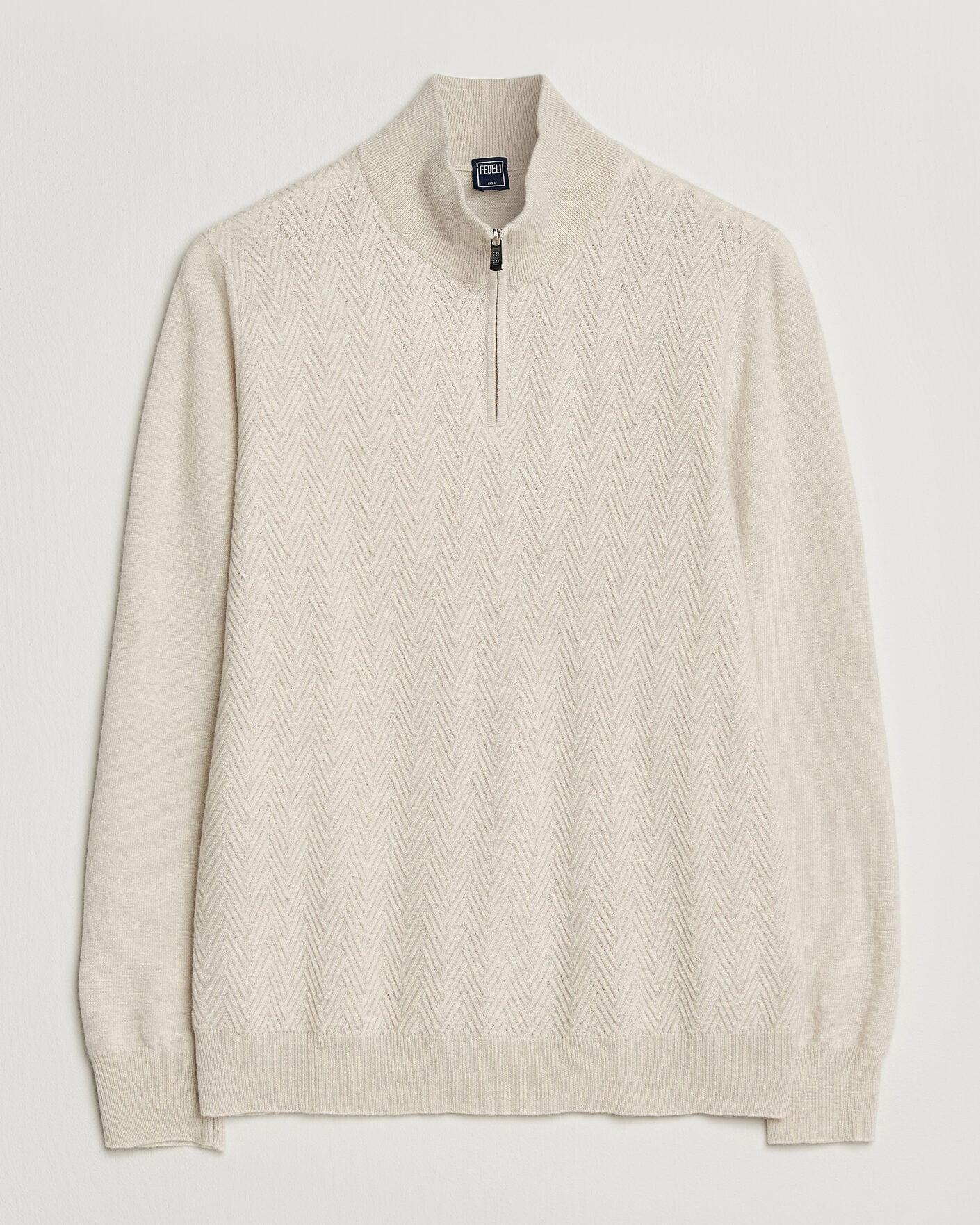 Herre | Trøjer | Fedeli | Wool/Cashmere Chevron Half Zip Light Beige
