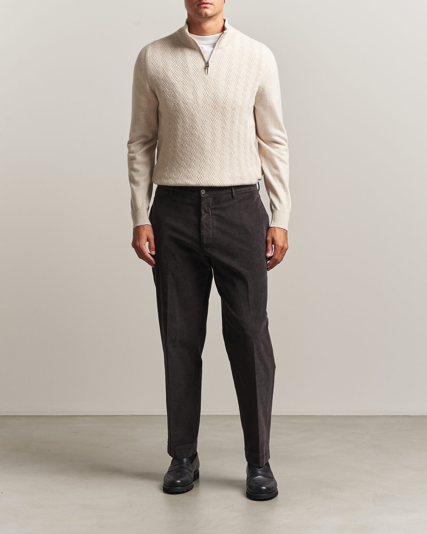 Herre | Trøjer | Fedeli | Wool/Cashmere Chevron Half Zip Light Beige