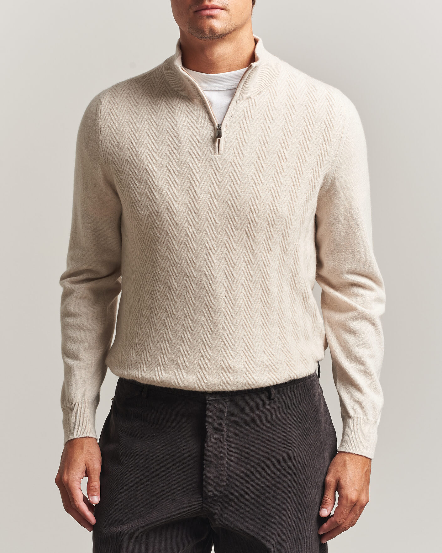 Herre | Trøjer | Fedeli | Wool/Cashmere Chevron Half Zip Light Beige