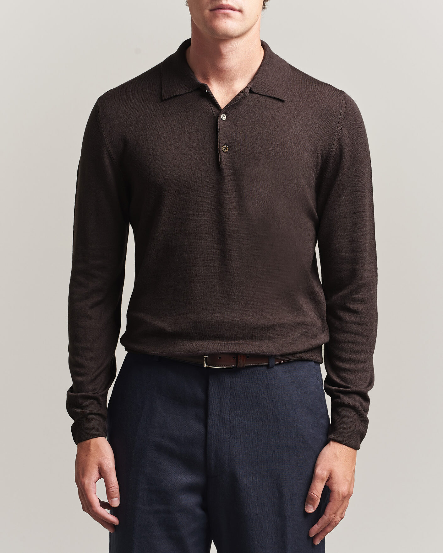 Herre | Trøjer | Canali | Merino Wool Long Sleeve Polo Dark Brown