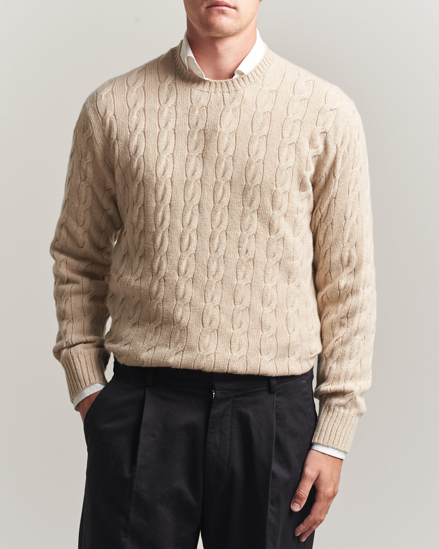 Herre | Trøjer | Ralph Lauren Purple Label | Cashmere Cable Sweater Beige Melange