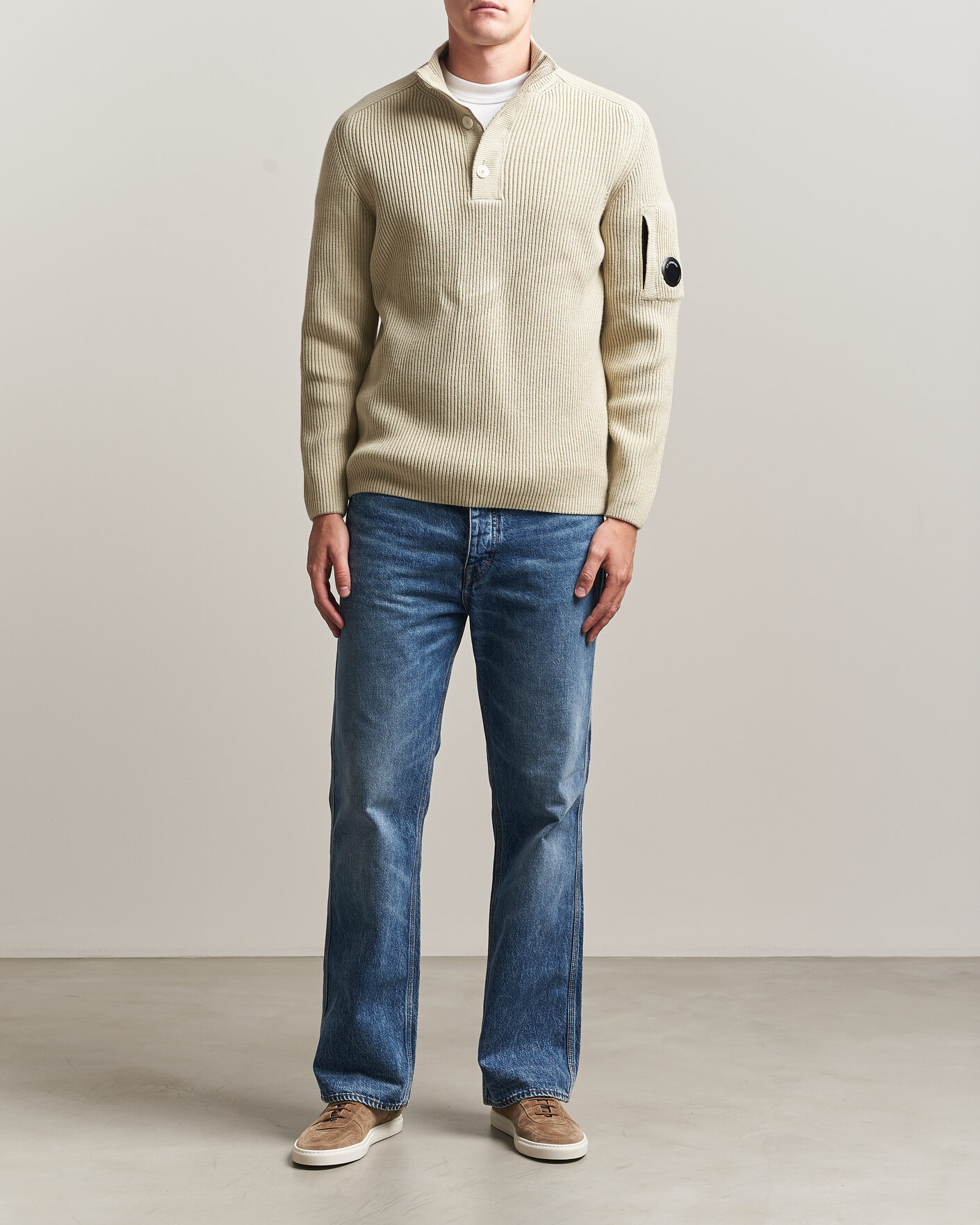 Herre | Trøjer | C.P. Company | Full Rib Knitted Cotton Half Button Light Grey
