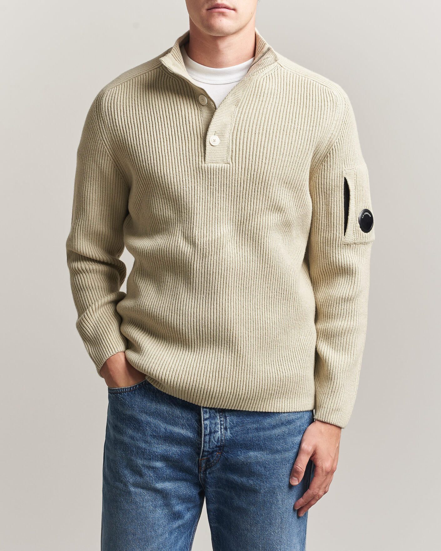 Herre | Trøjer | C.P. Company | Full Rib Knitted Cotton Half Button Light Grey