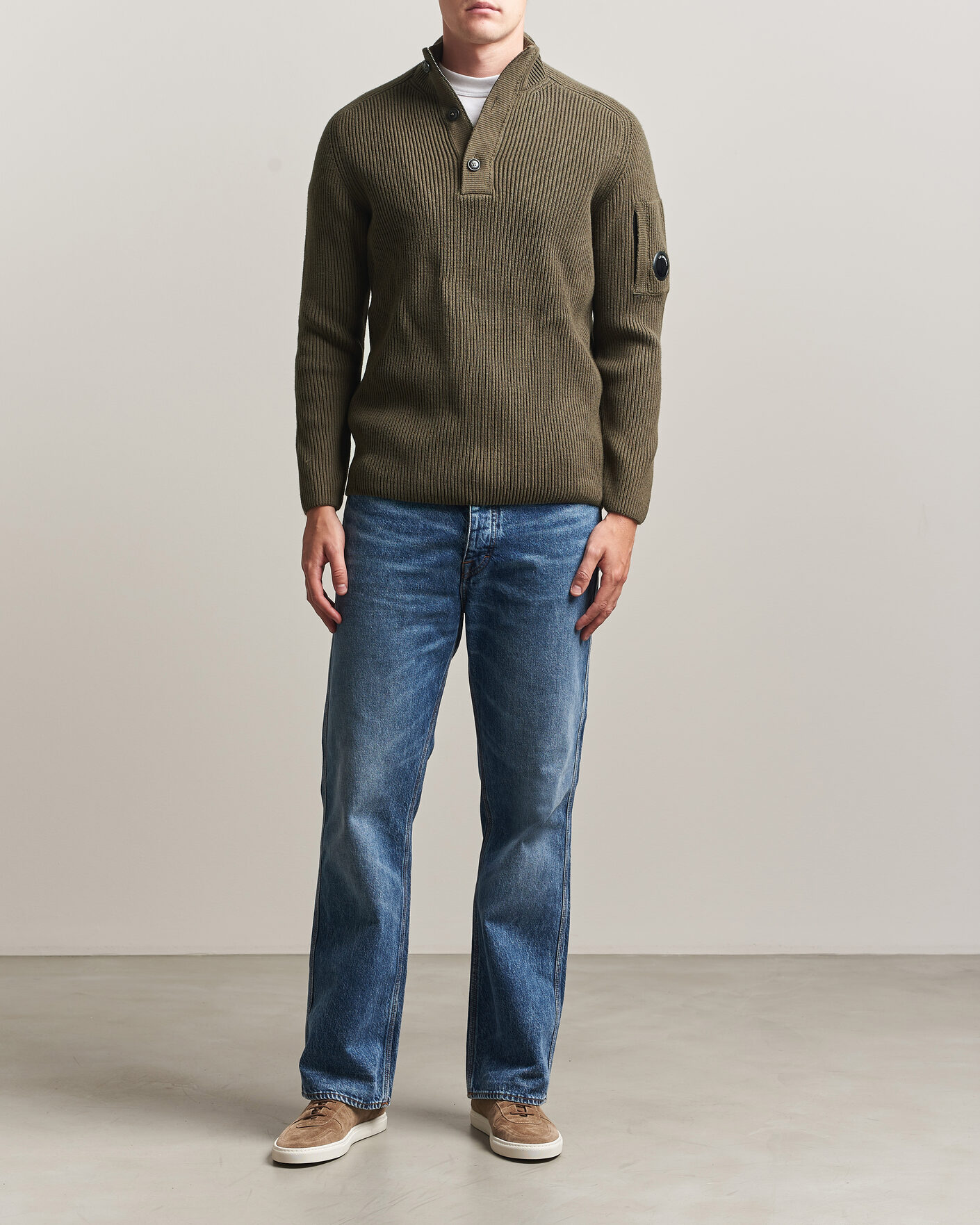 Herre | Trøjer | C.P. Company | Full Rib Knitted Cotton Half Button Dark Green