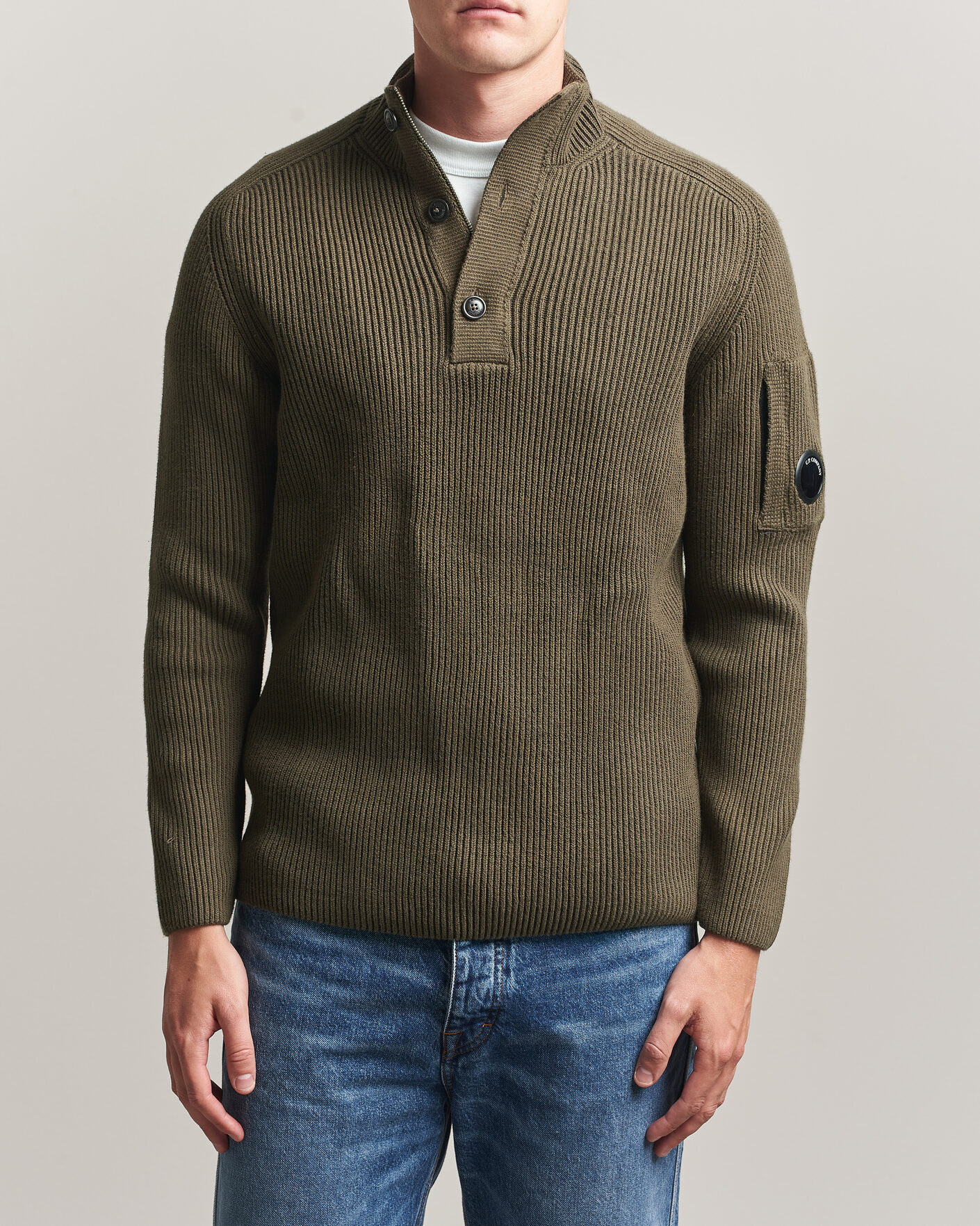 Herre | Trøjer | C.P. Company | Full Rib Knitted Cotton Half Button Dark Green