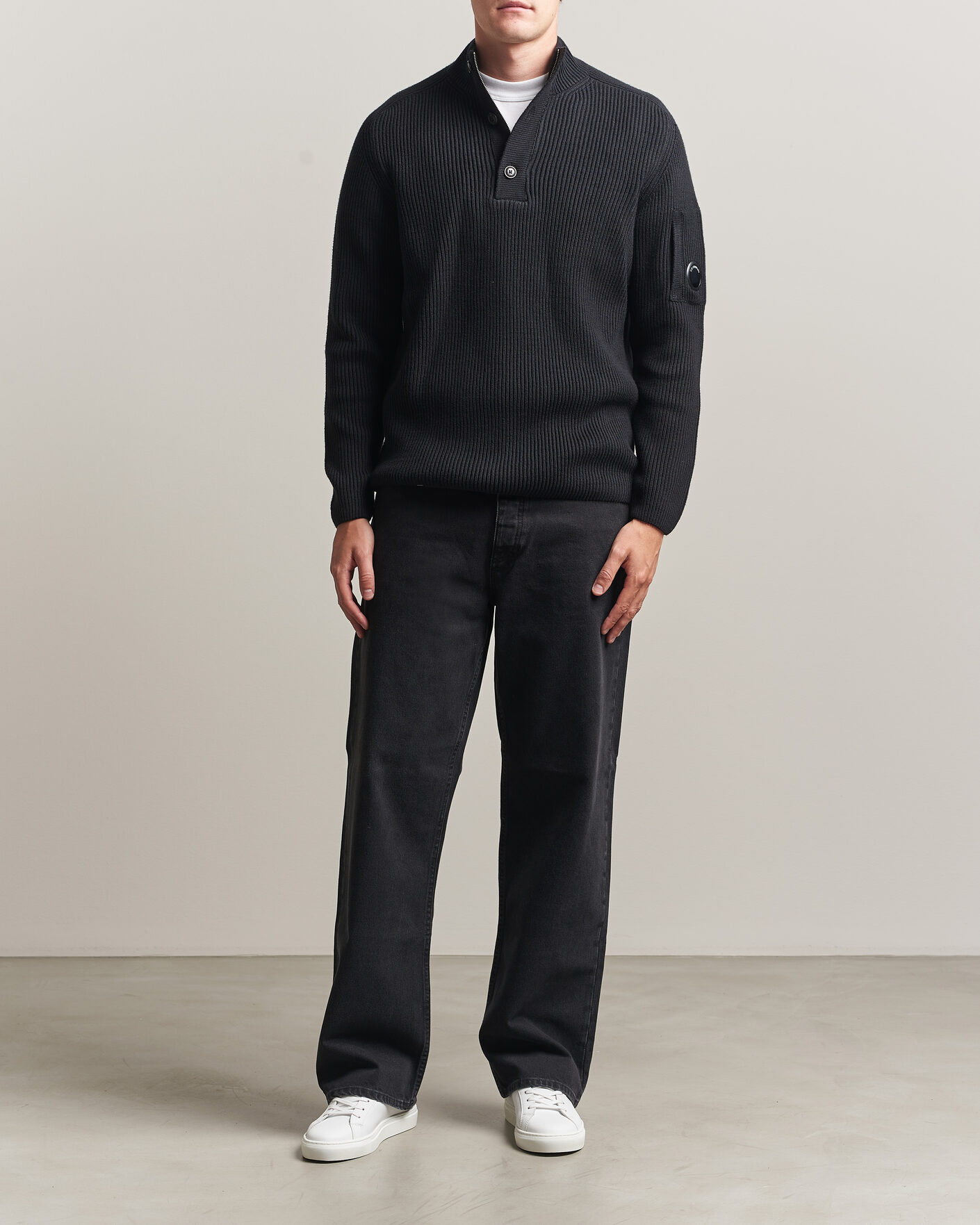 Herre | Trøjer | C.P. Company | Full Rib Knitted Cotton Half Button Black