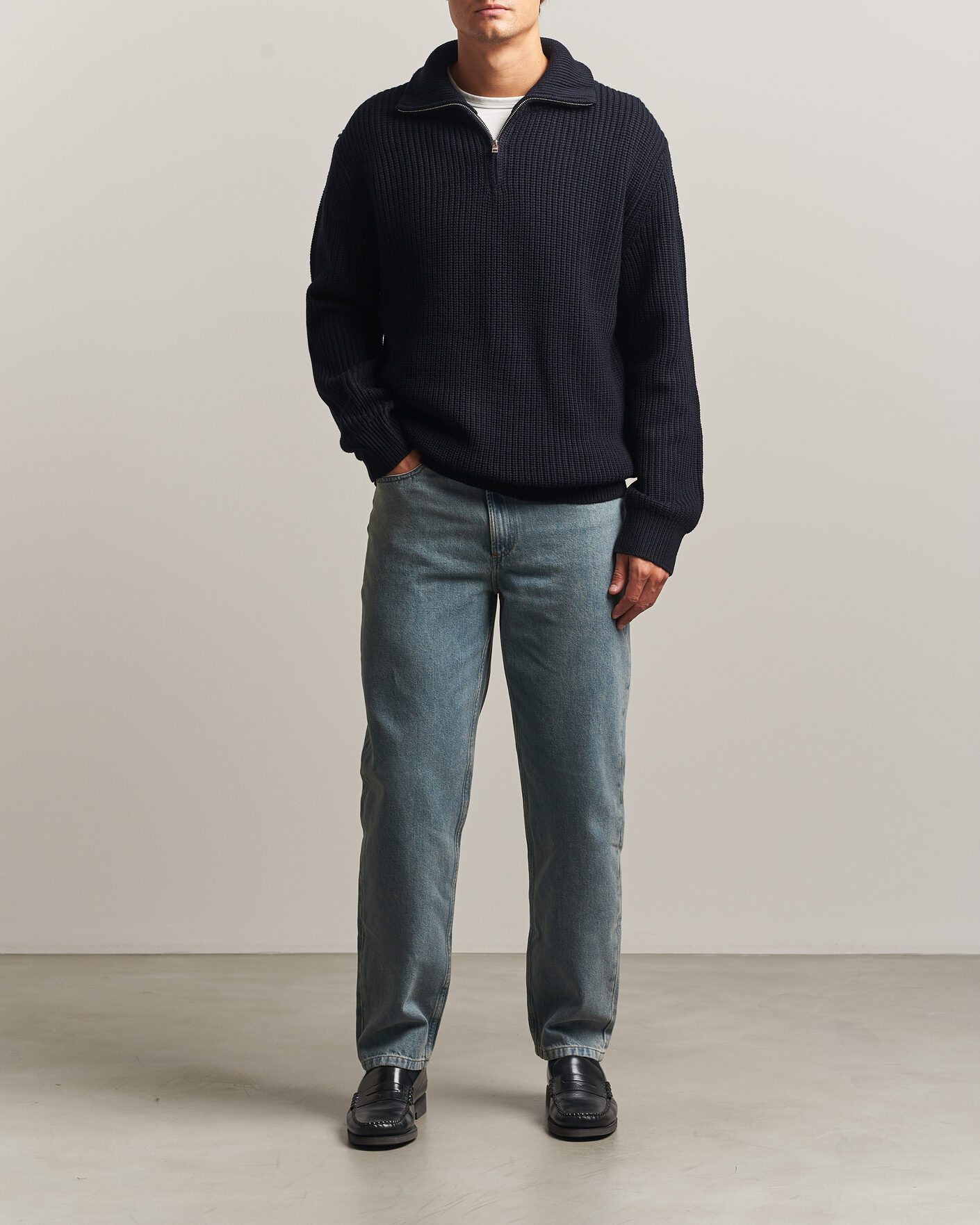 Herre | Trøjer | A.P.C. | Daniel Wool Rib Knitted Half Zip Dark Navy
