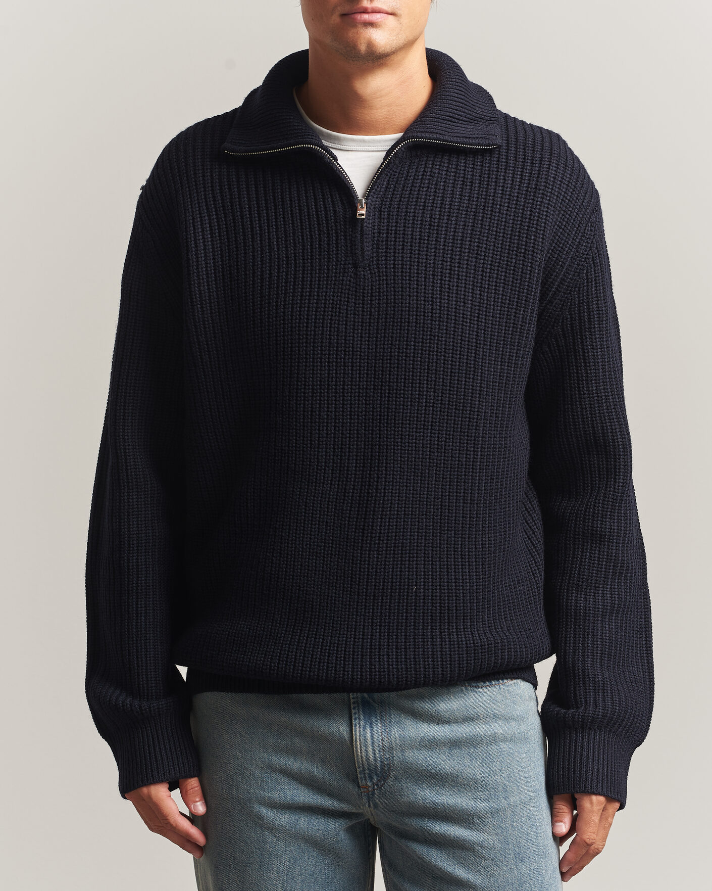 Herre | Trøjer | A.P.C. | Daniel Wool Rib Knitted Half Zip Dark Navy