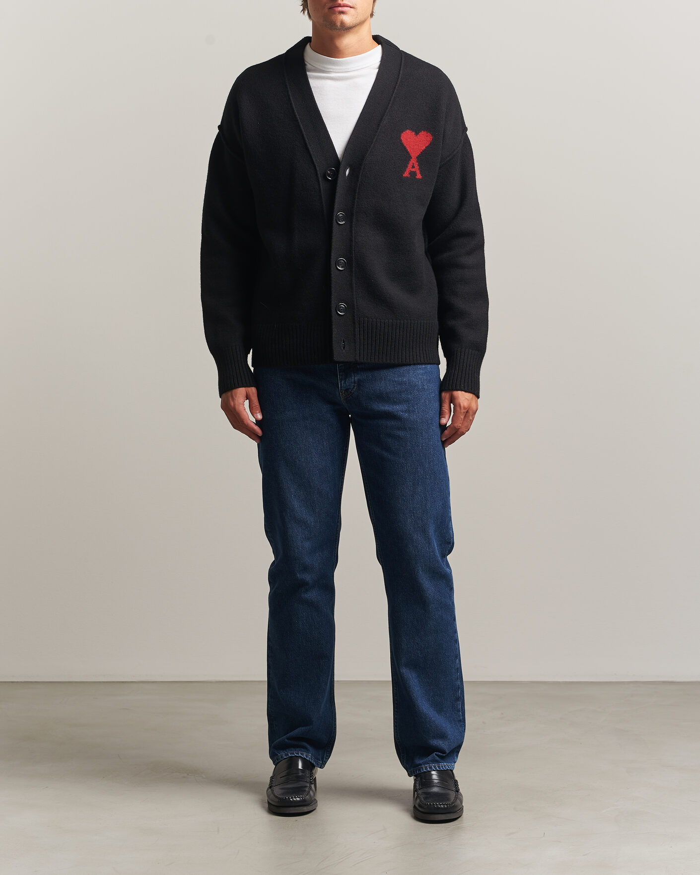 Herre | Trøjer | AMI | Big Heart Logo Wool Knitted Cardigan Black