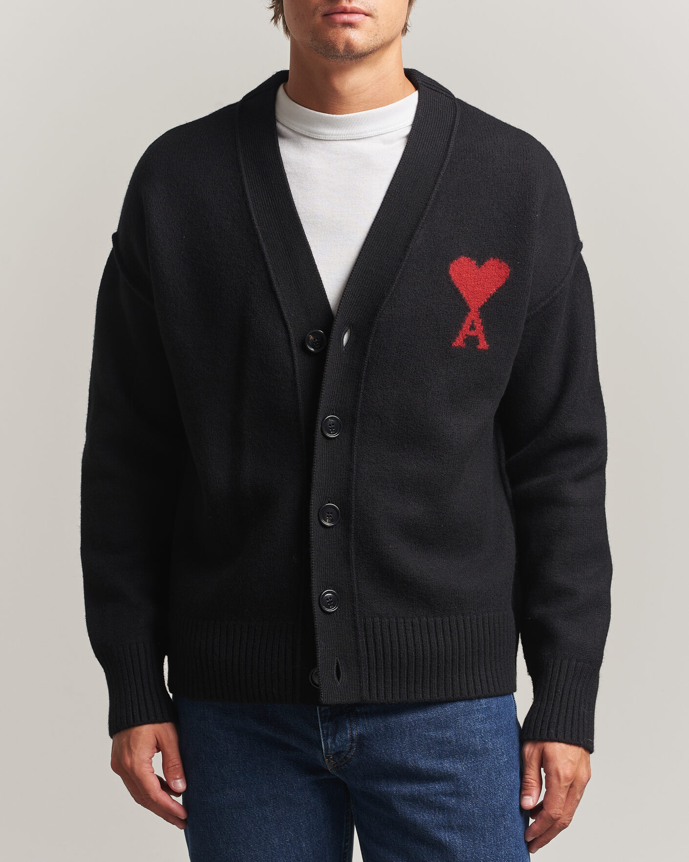 Herre | Trøjer | AMI | Big Heart Logo Wool Knitted Cardigan Black