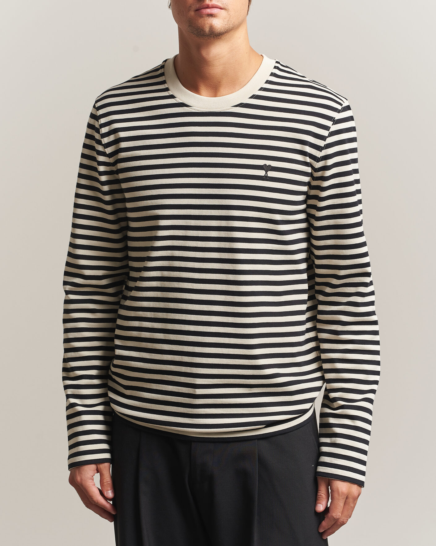 Herre | T-Shirts | AMI | Black Heart Logo Striped Long Sleeve T-Shirt Black/Ivory