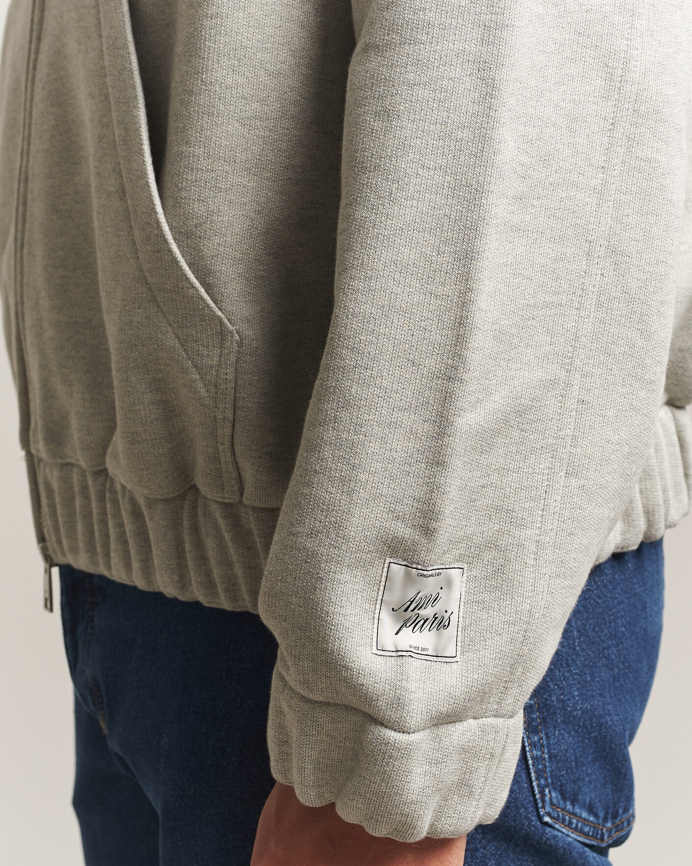 Herre | Trøjer | AMI | Heritage Logo Full Zip Hoodie Light Grey Melange