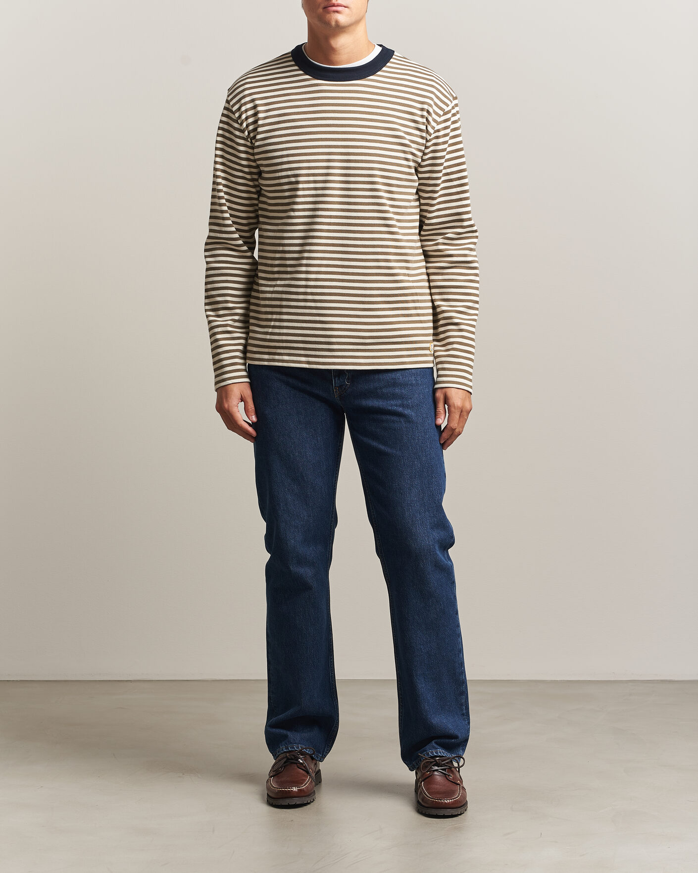 Herre | T-Shirts | Armor-lux | Héritage Striped Long Sleeve T-Shirt Olive/Milk