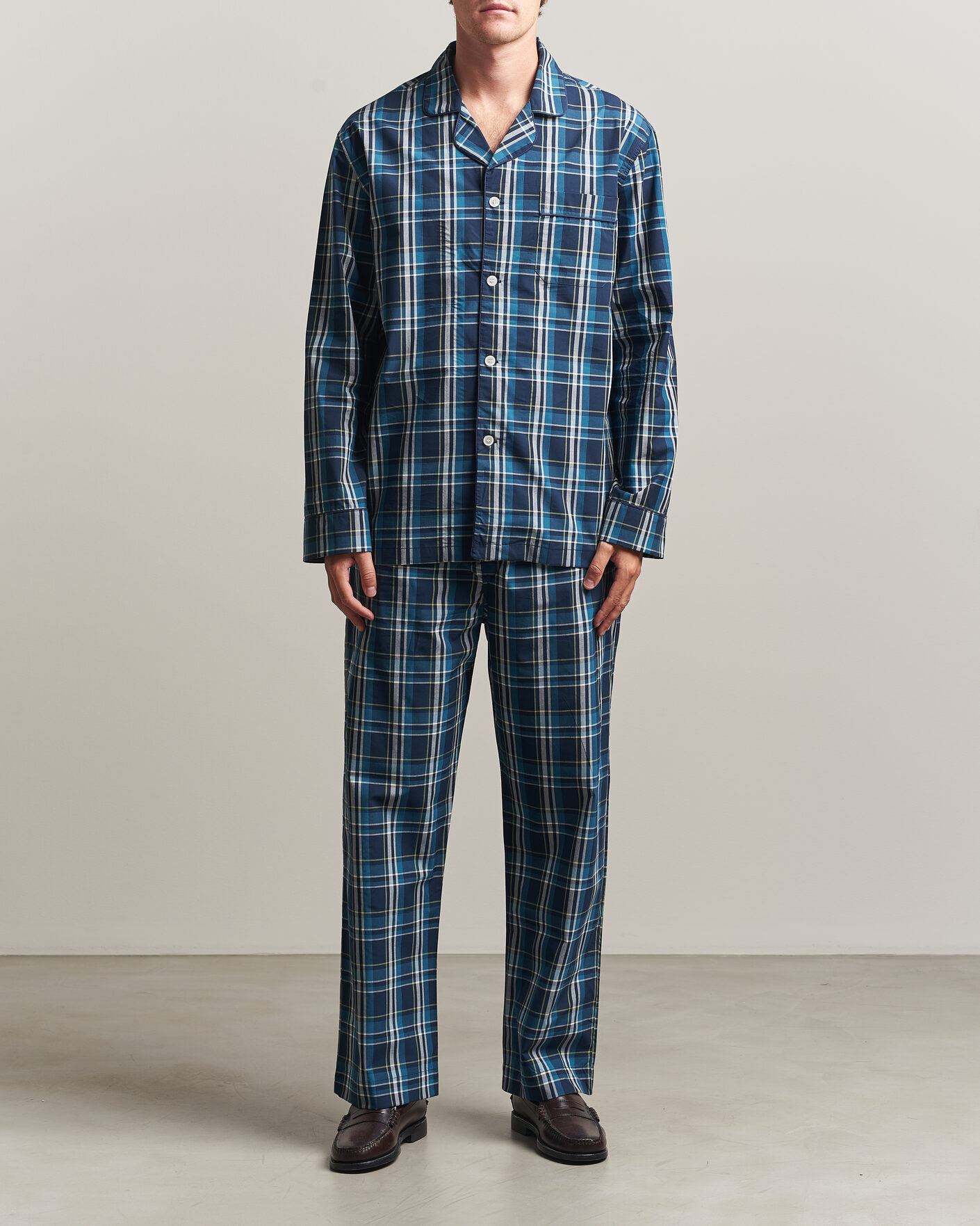 Herre | Pyjamas & Morgenkåber | Derek Rose | Piped Checked Cotton Pyjama Set Navy