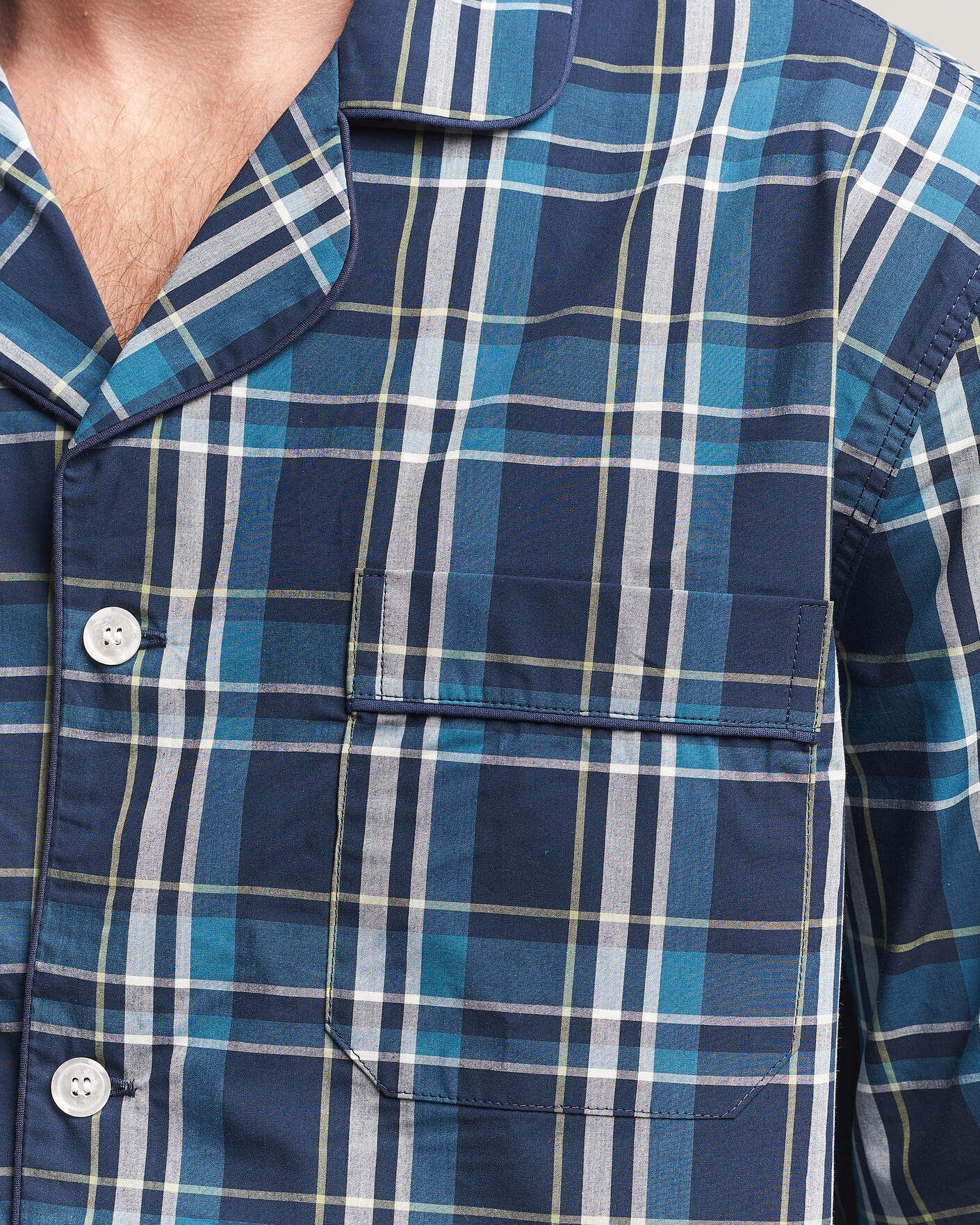Herre | Pyjamas & Morgenkåber | Derek Rose | Piped Checked Cotton Pyjama Set Navy