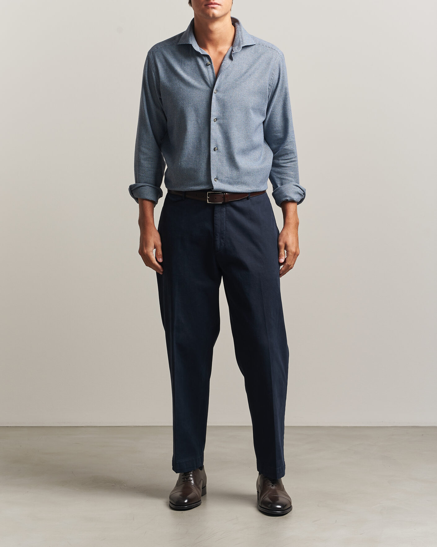 Herre | Skjorter | Eton | Casual Fit Houndstooth Flannel Shirt Mid Blue