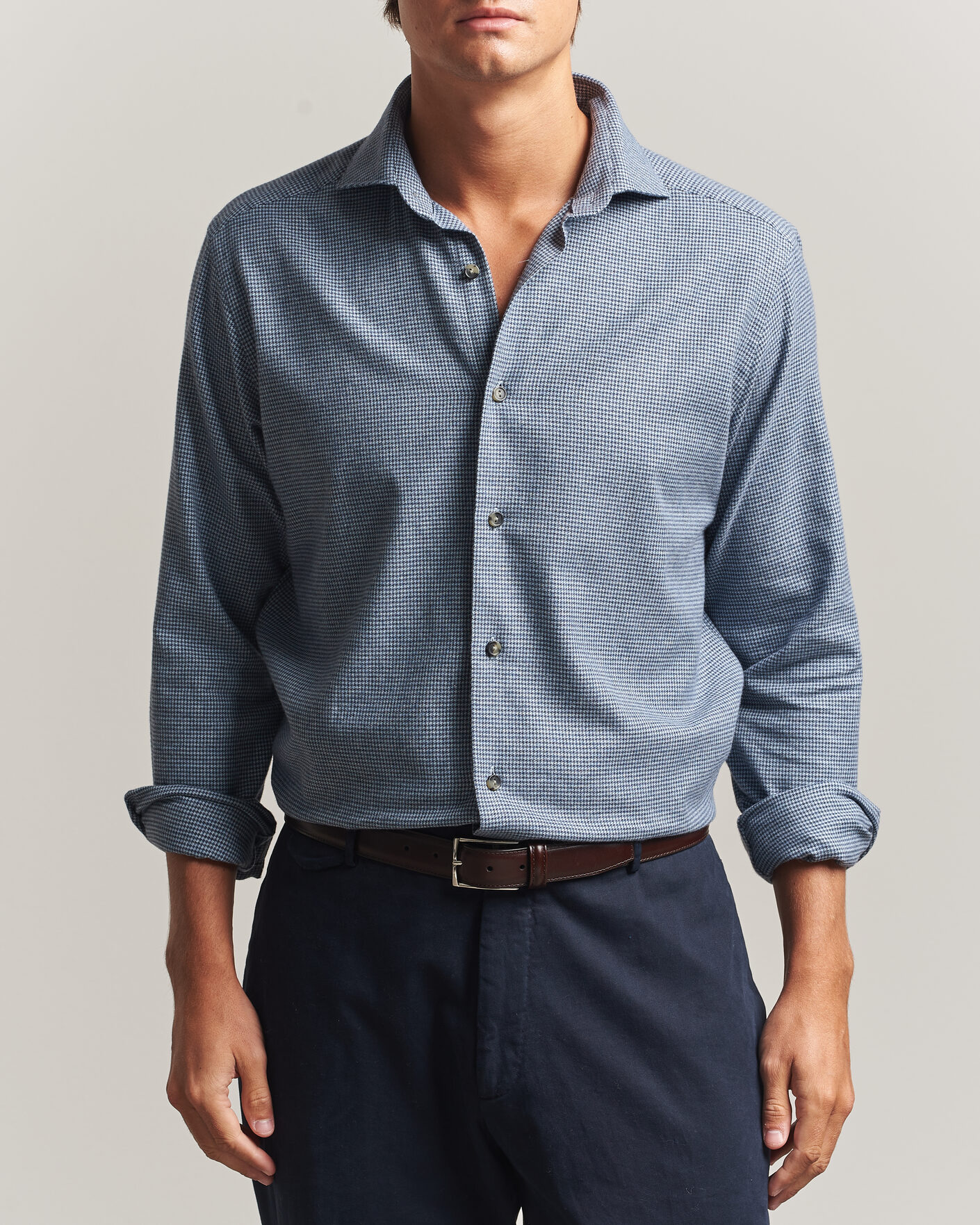 Herre | Skjorter | Eton | Casual Fit Houndstooth Flannel Shirt Mid Blue