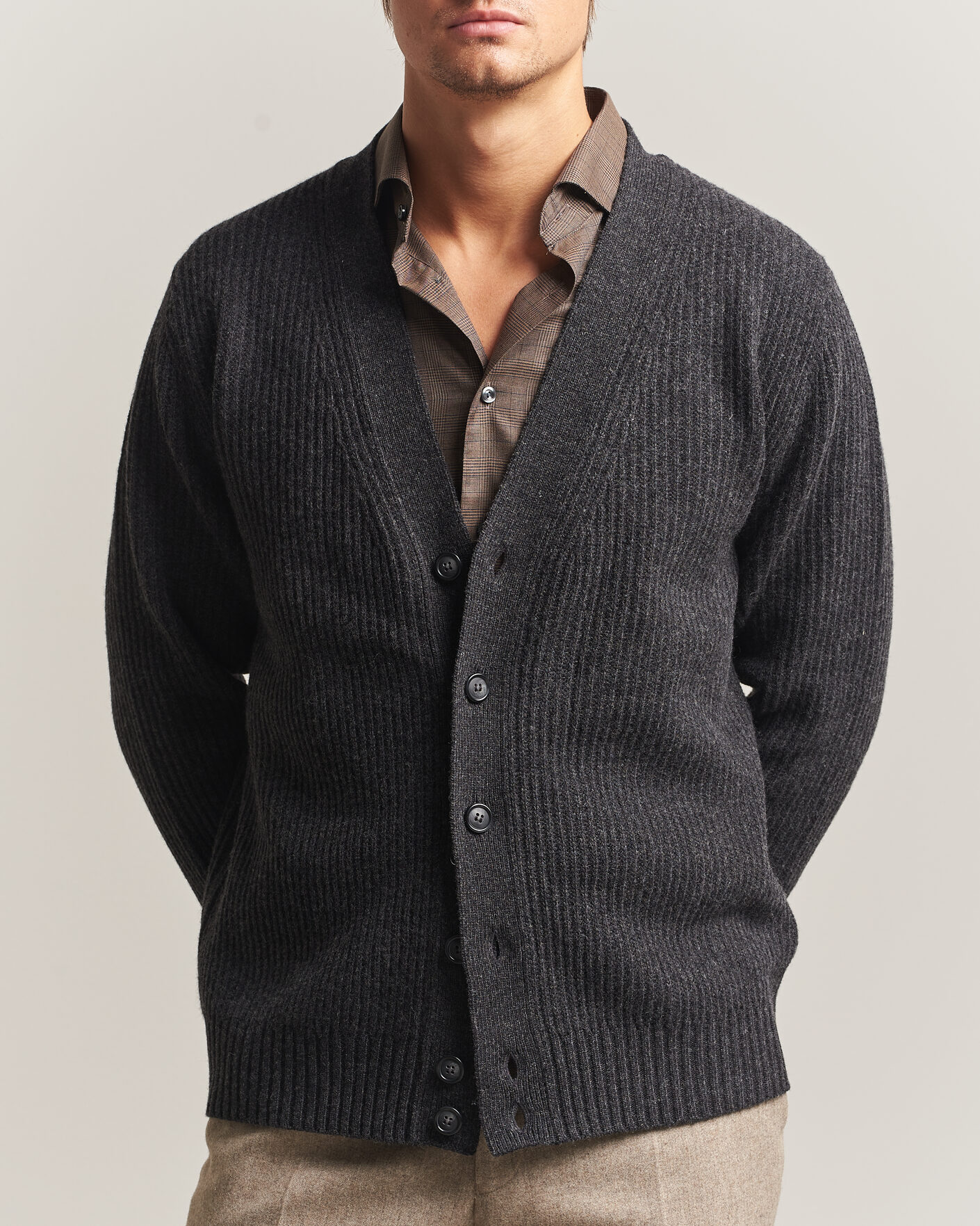 Herre | Trøjer | Eton | Merino Wool Rib Cardigan Dark Grey