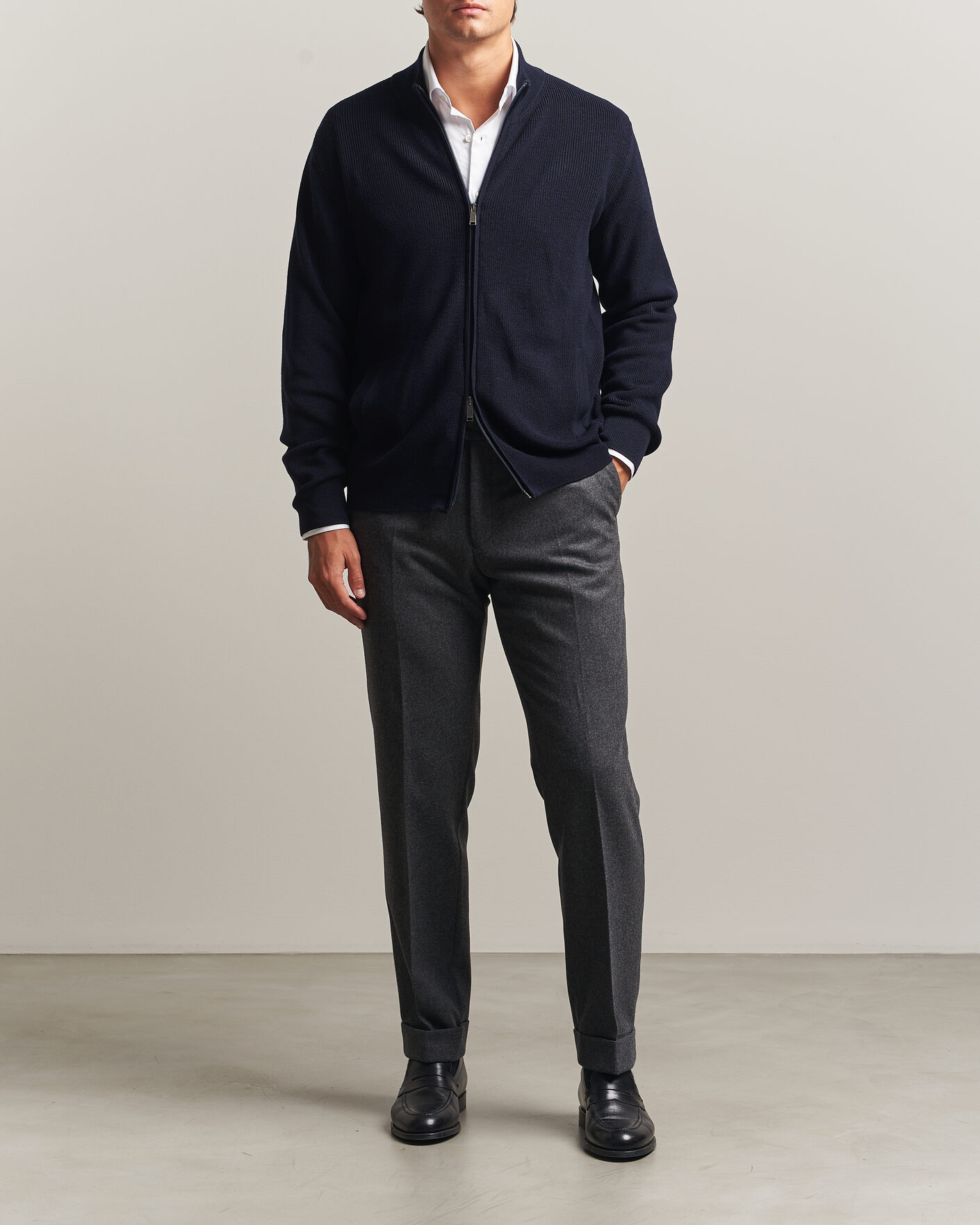 Herre | Trøjer | Eton | Merino Wool Knitted Full Zip Navy Blue