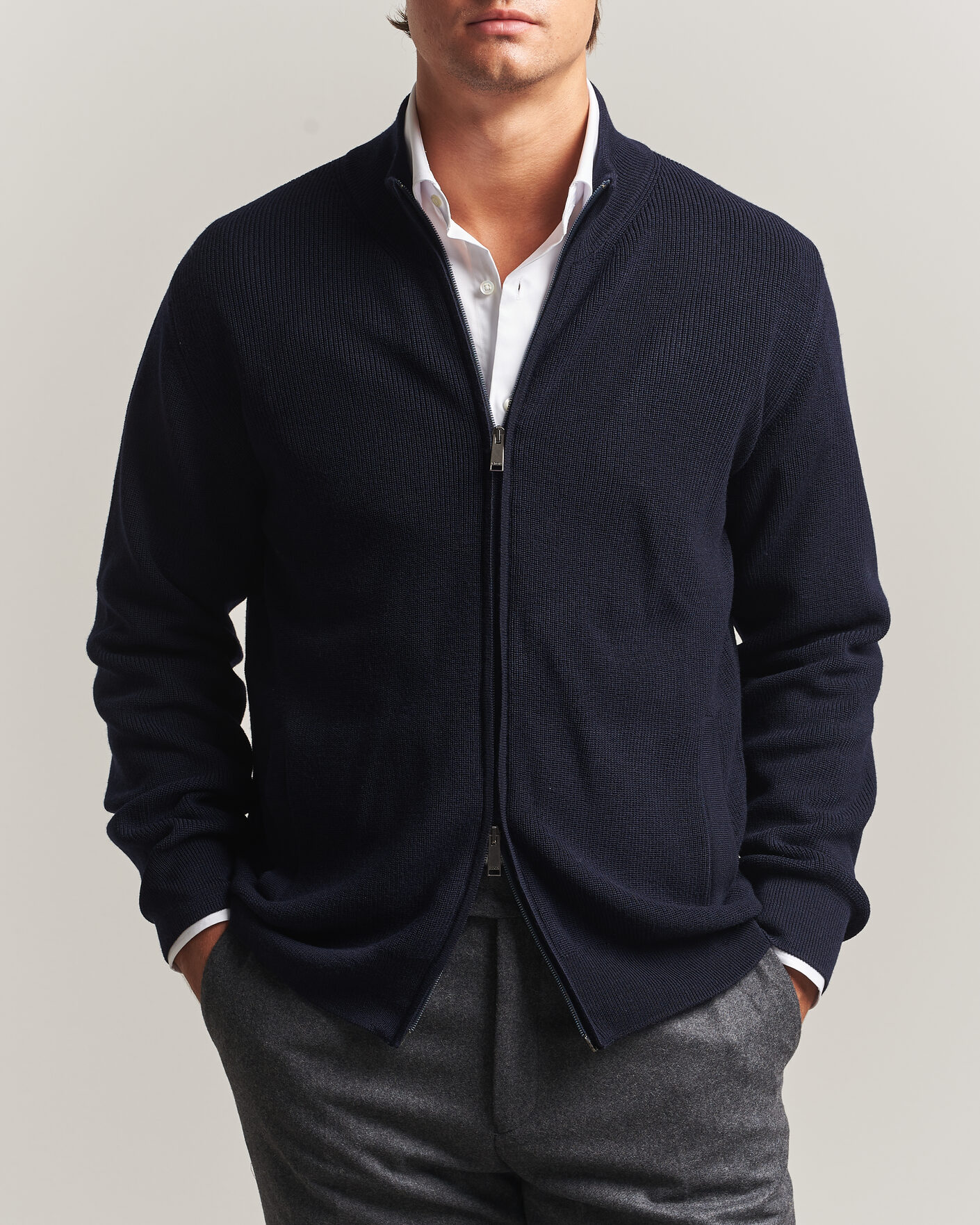 Herre | Trøjer | Eton | Merino Wool Knitted Full Zip Navy Blue