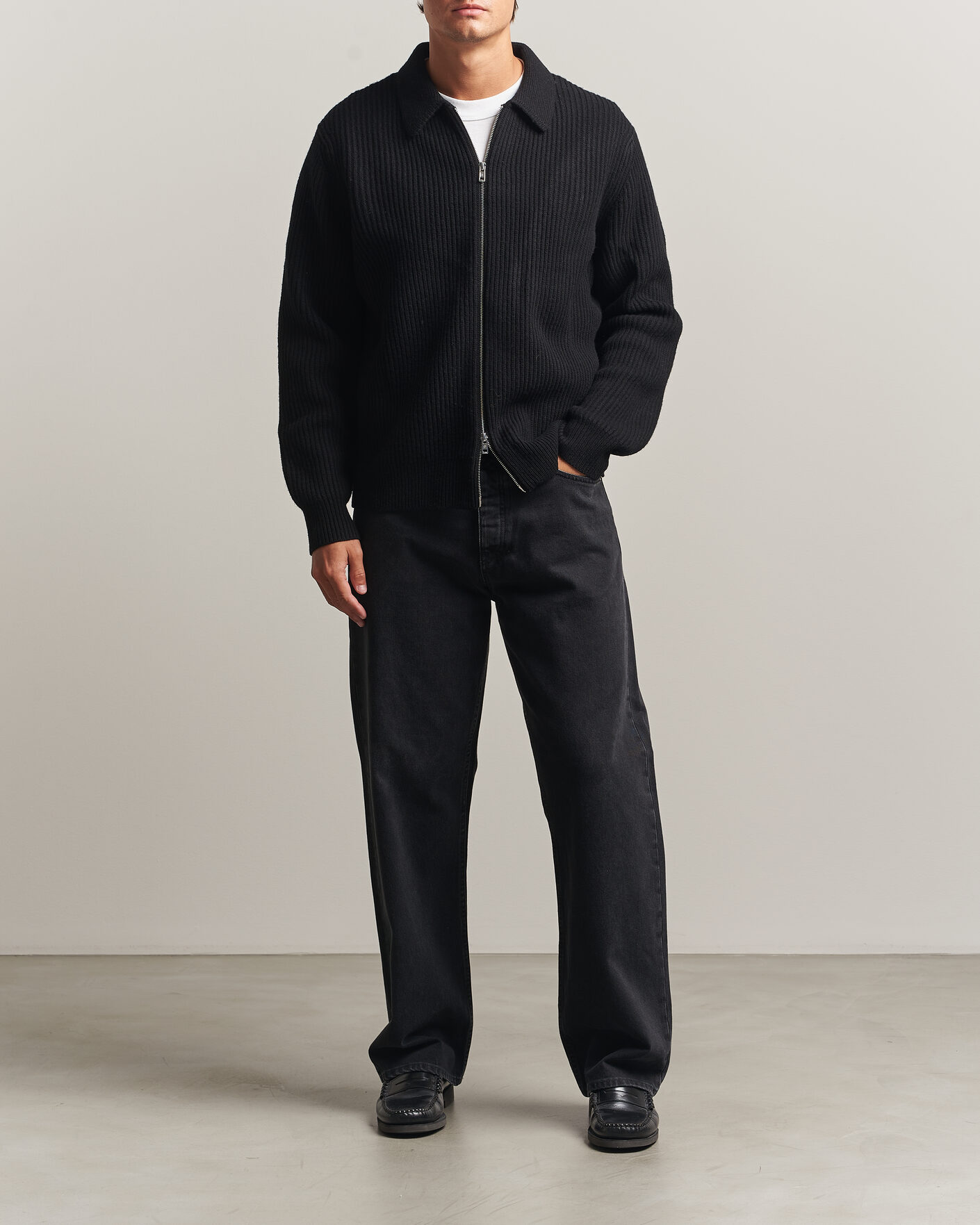 Herre | Trøjer | Filippa K | Ribbed Wool Knitted Full Zip Black