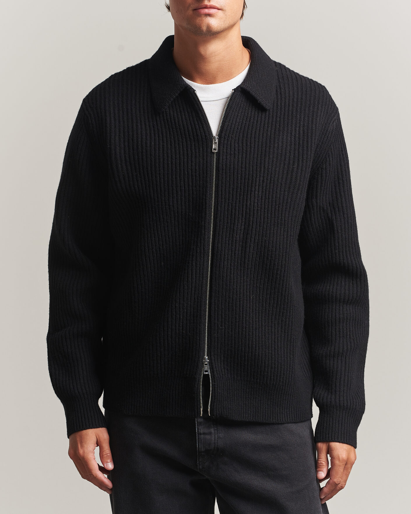 Herre | Trøjer | Filippa K | Ribbed Wool Knitted Full Zip Black