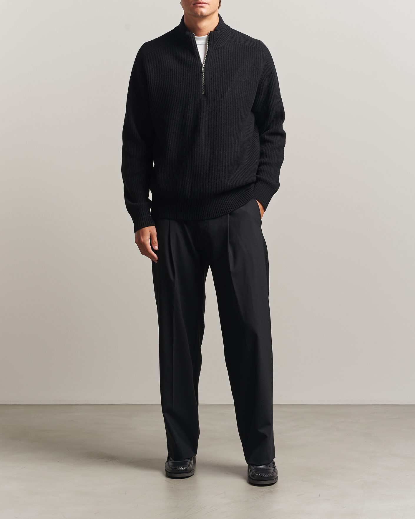 Herre | Trøjer | Filippa K | Ribbed Wool Knitted Half Zip Black