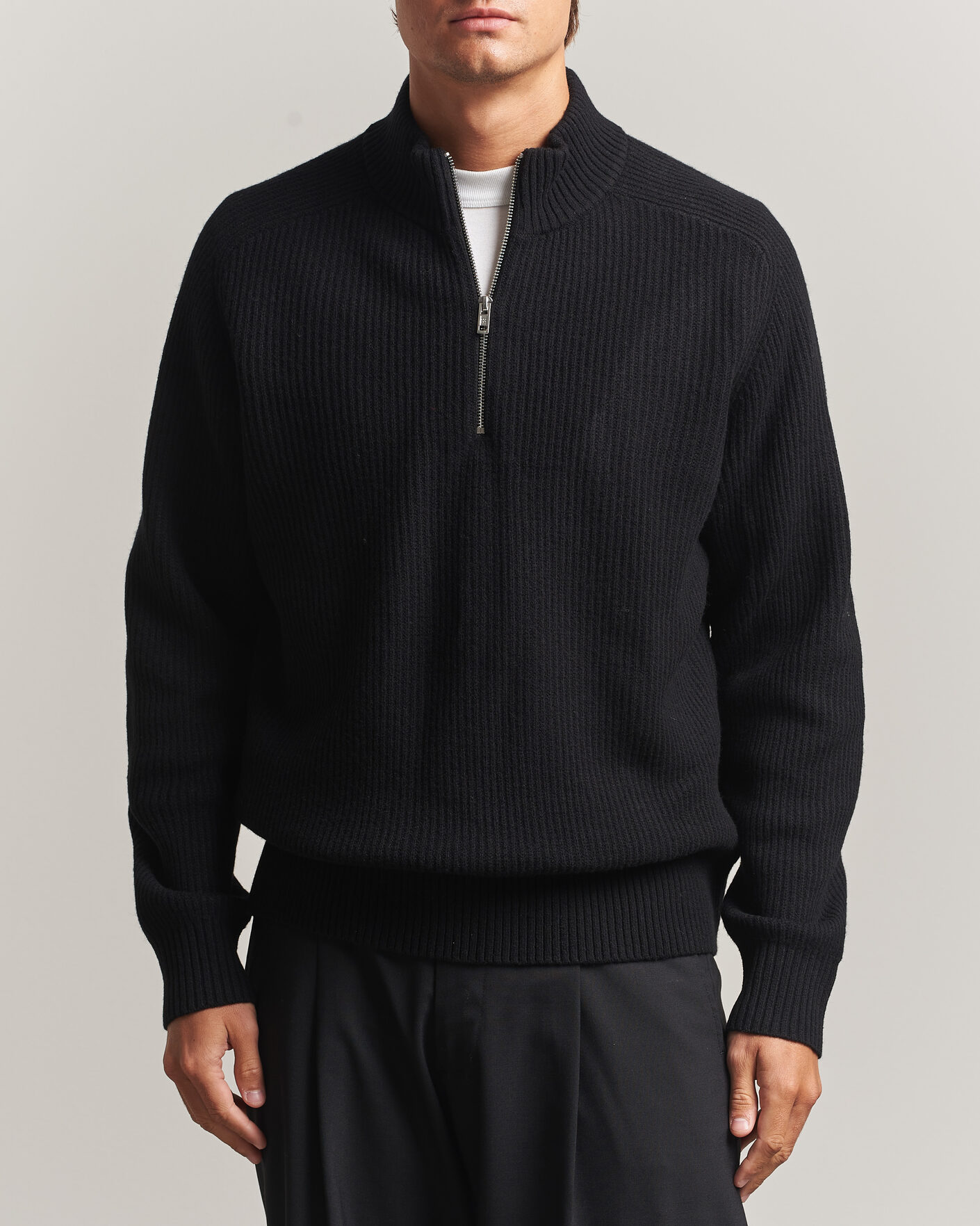 Herre | Trøjer | Filippa K | Ribbed Wool Knitted Half Zip Black