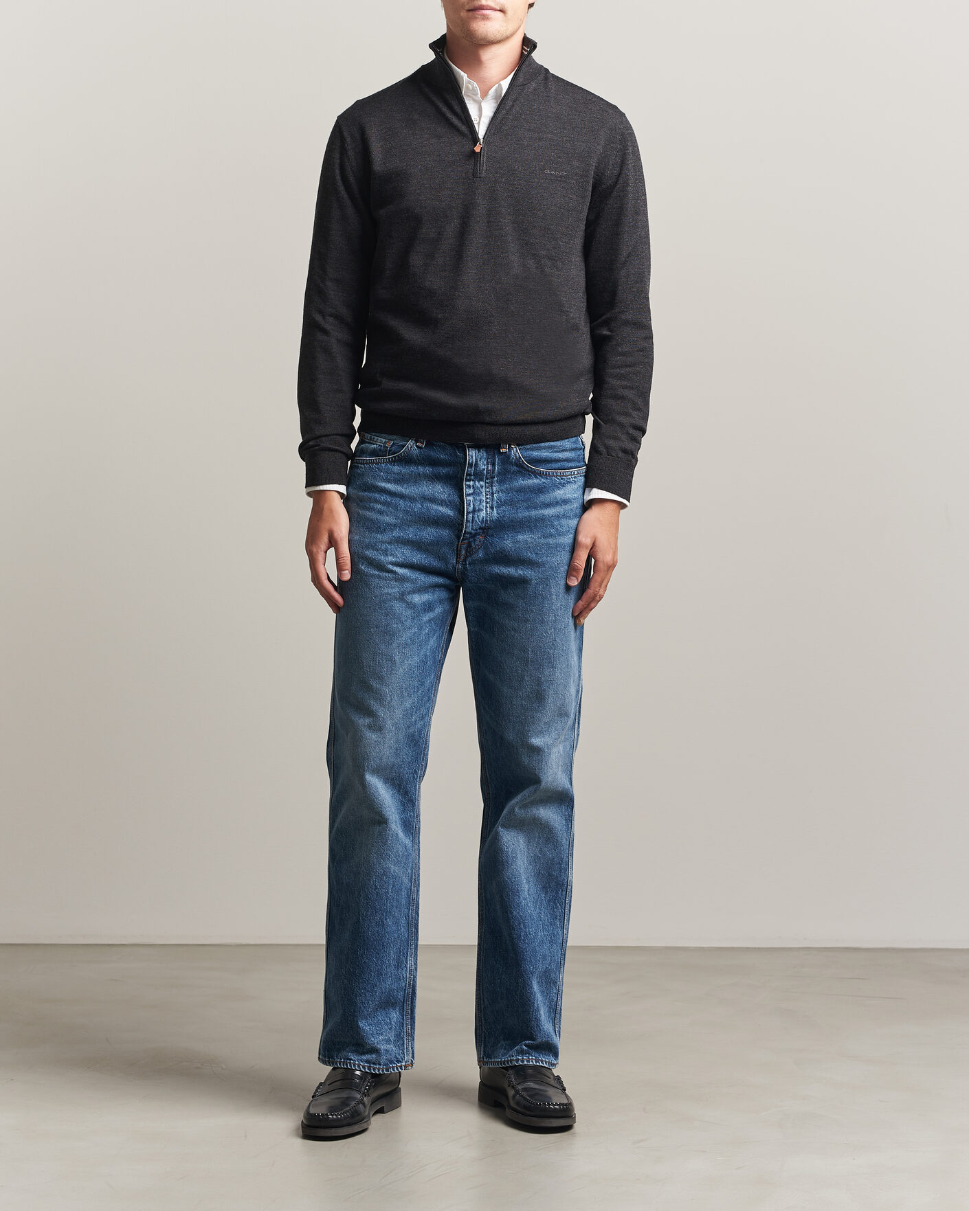 Herre | Trøjer | Gant | Extrafine Merino Knitted Half Zip Dark Charcoal Melange