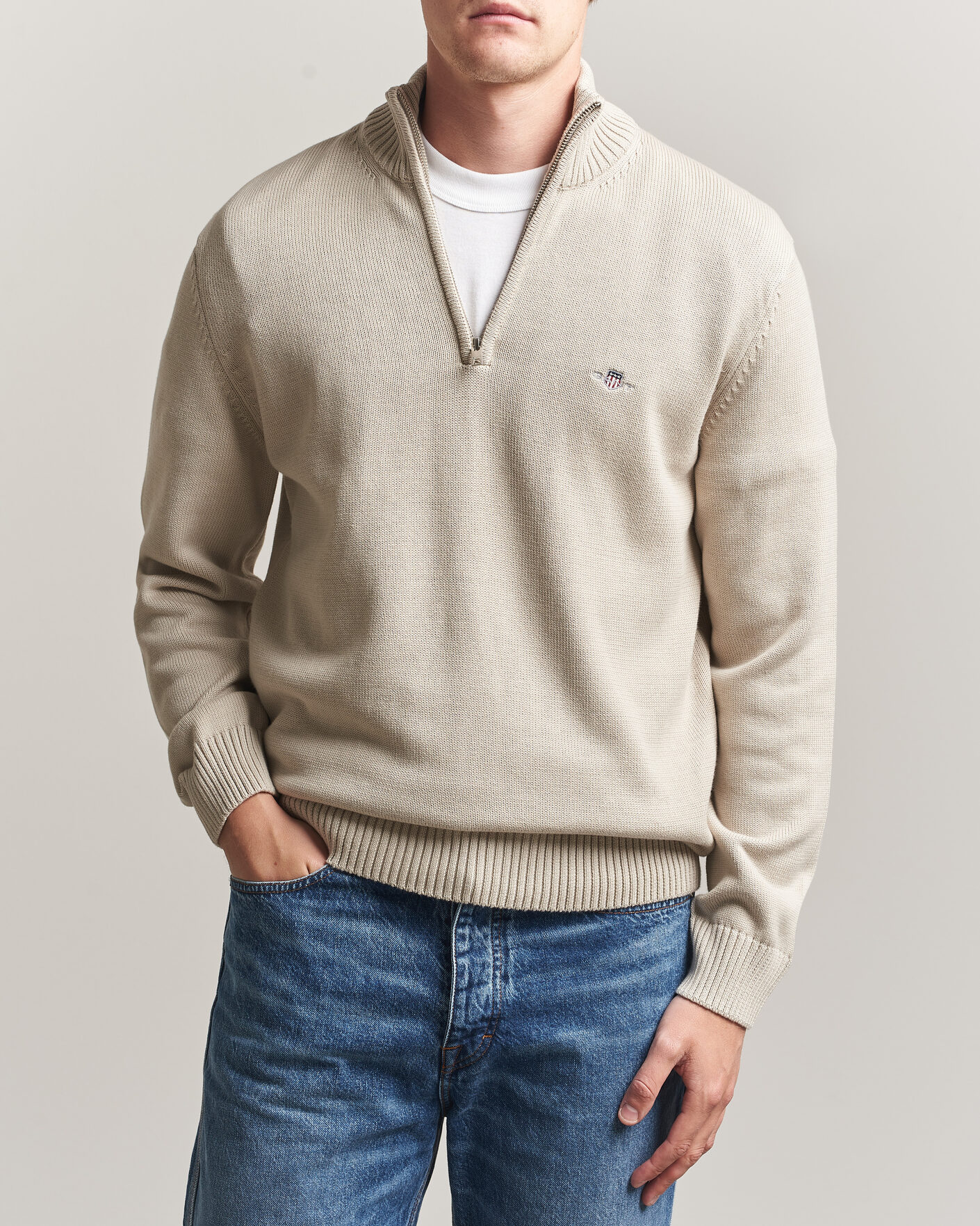 Herre | Trøjer | Gant | Casual Cotton Knitted Half Zip Clay Beige