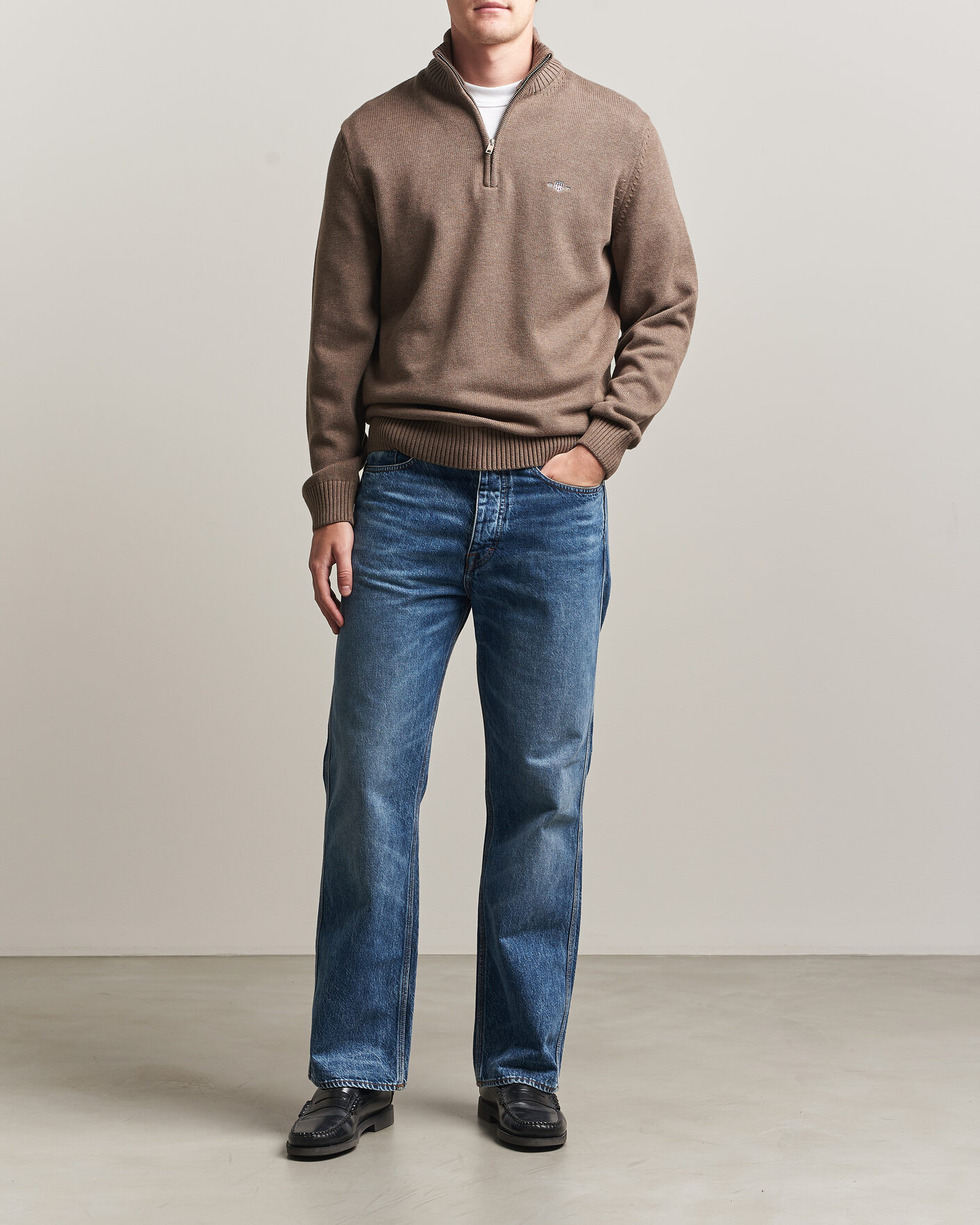 Herre | Trøjer | Gant | Casual Cotton Knitted Half Zip Dark Hazelnut Melange