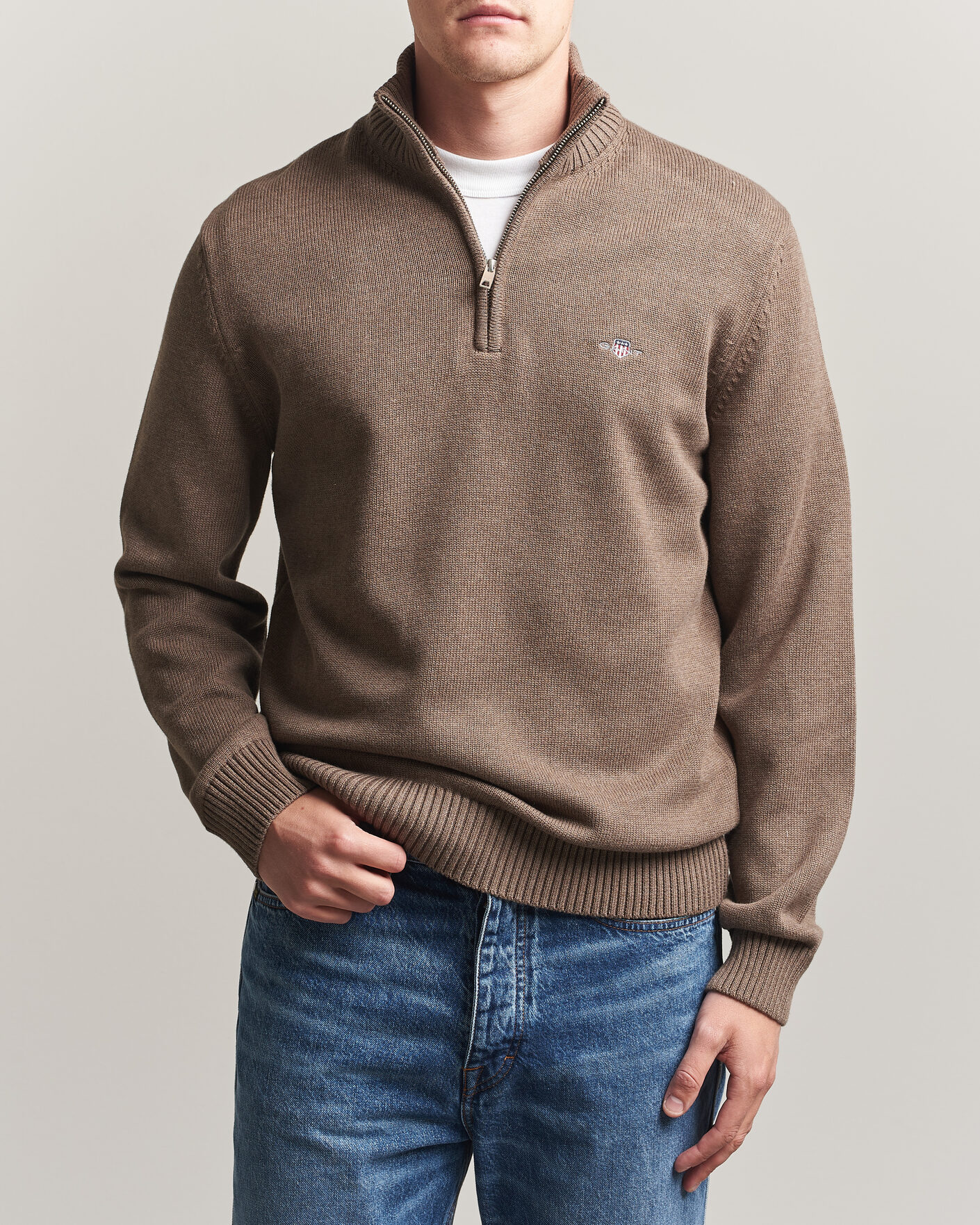 Herre | Trøjer | Gant | Casual Cotton Knitted Half Zip Dark Hazelnut Melange