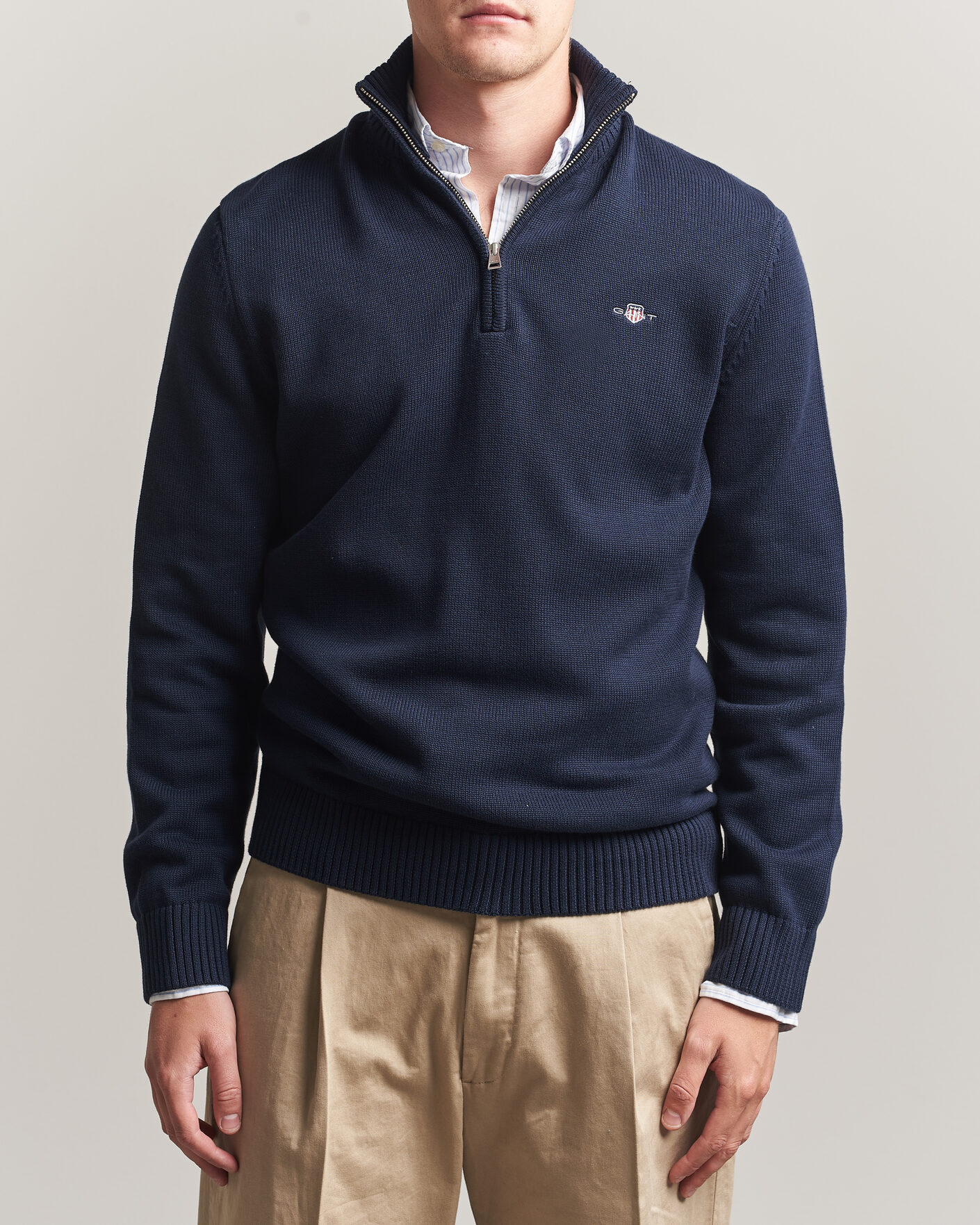 Herre | Trøjer | Gant | Casual Cotton Knitted Half Zip Evening Blue