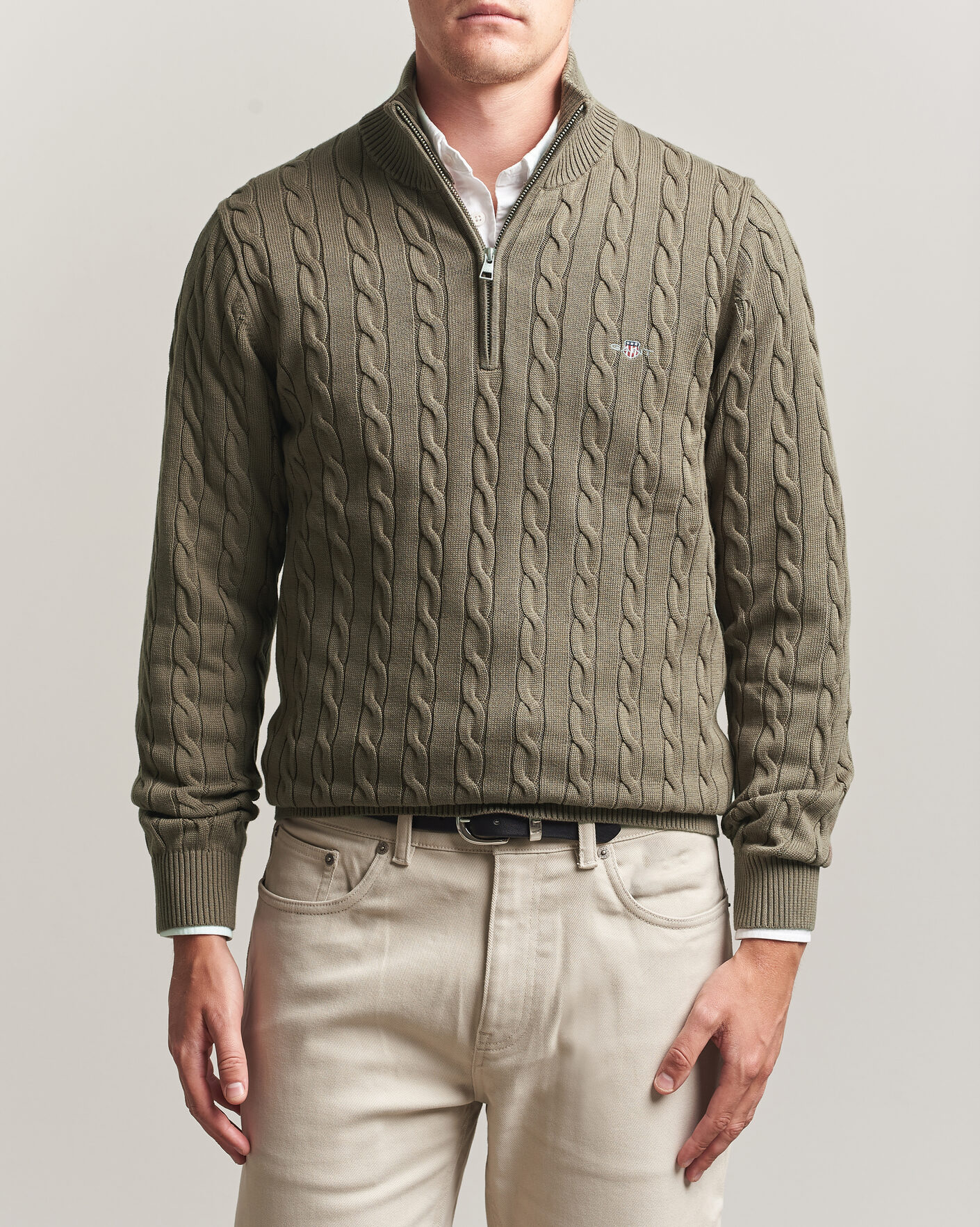 Herre | Trøjer | Gant | Cotton Cable Half Zip Faded Taupe