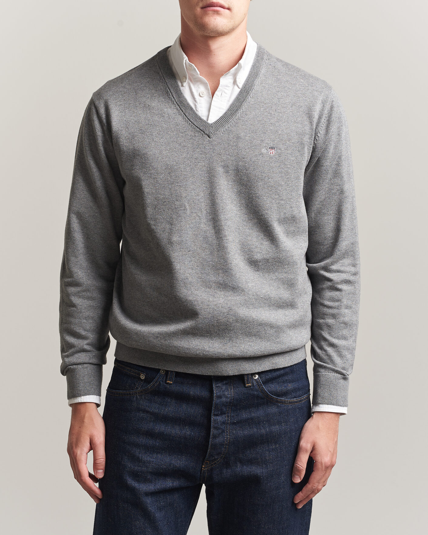 Herre | Trøjer | Gant | Classic Cotton V-Neck Dark Grey Melange