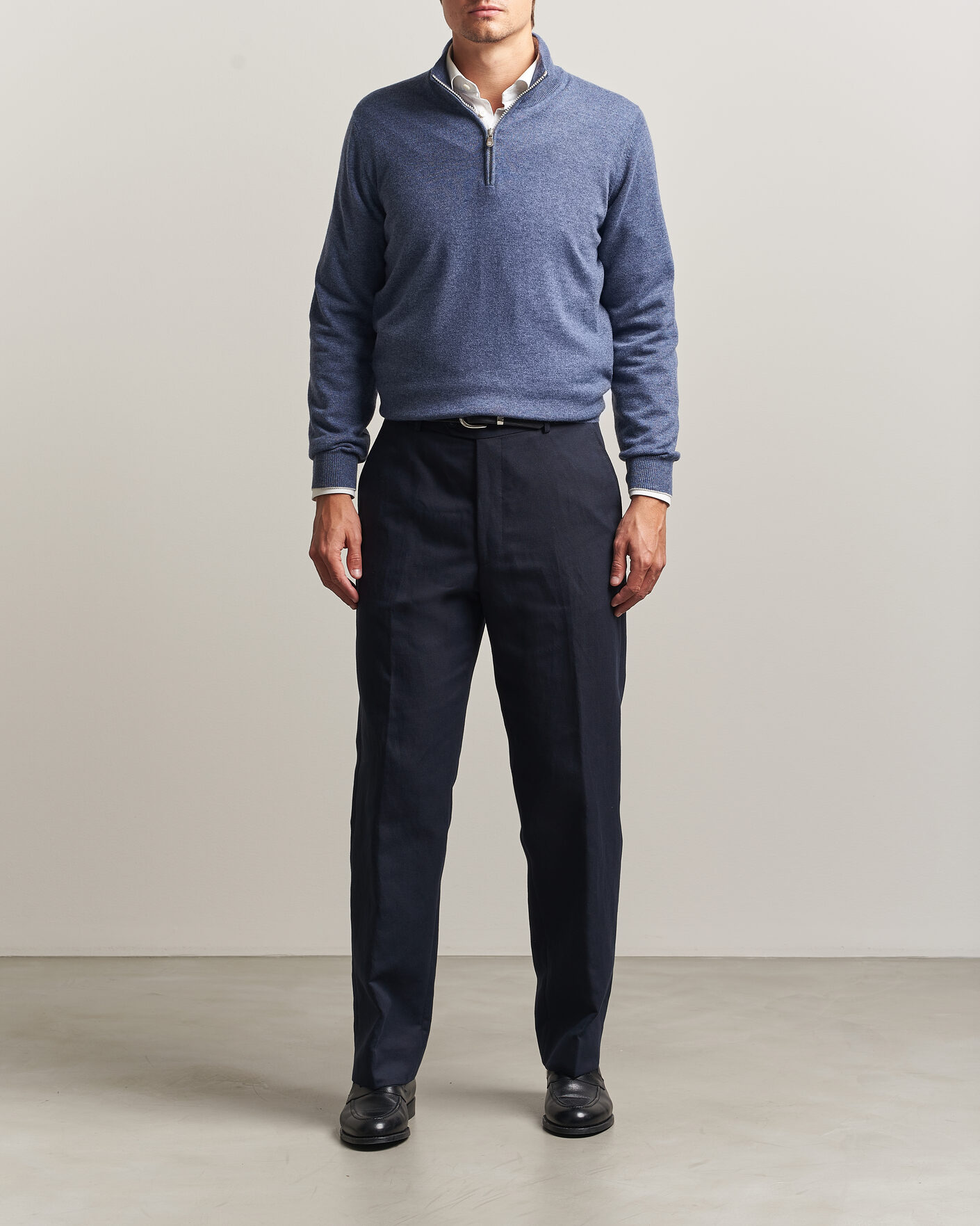 Herre | Trøjer | Brunello Cucinelli | 2 Ply Cashmere Half Zip Denim Blue