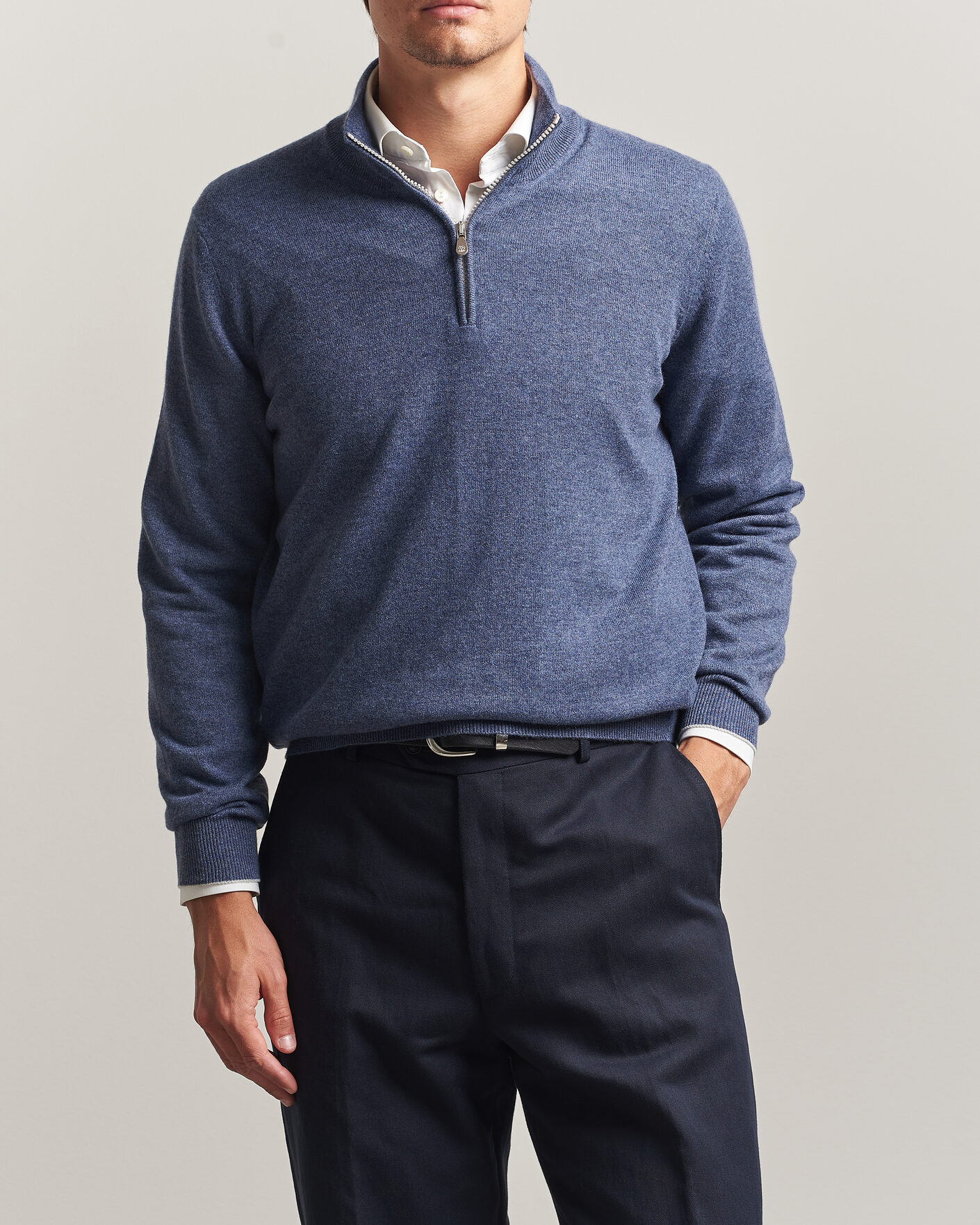 Herre | Trøjer | Brunello Cucinelli | 2 Ply Cashmere Half Zip Denim Blue