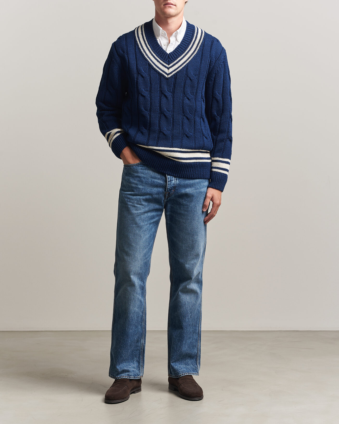 Herre | Trøjer | Gant | Mercerized Cotton Knitted Cable V-Neck Persian Blue