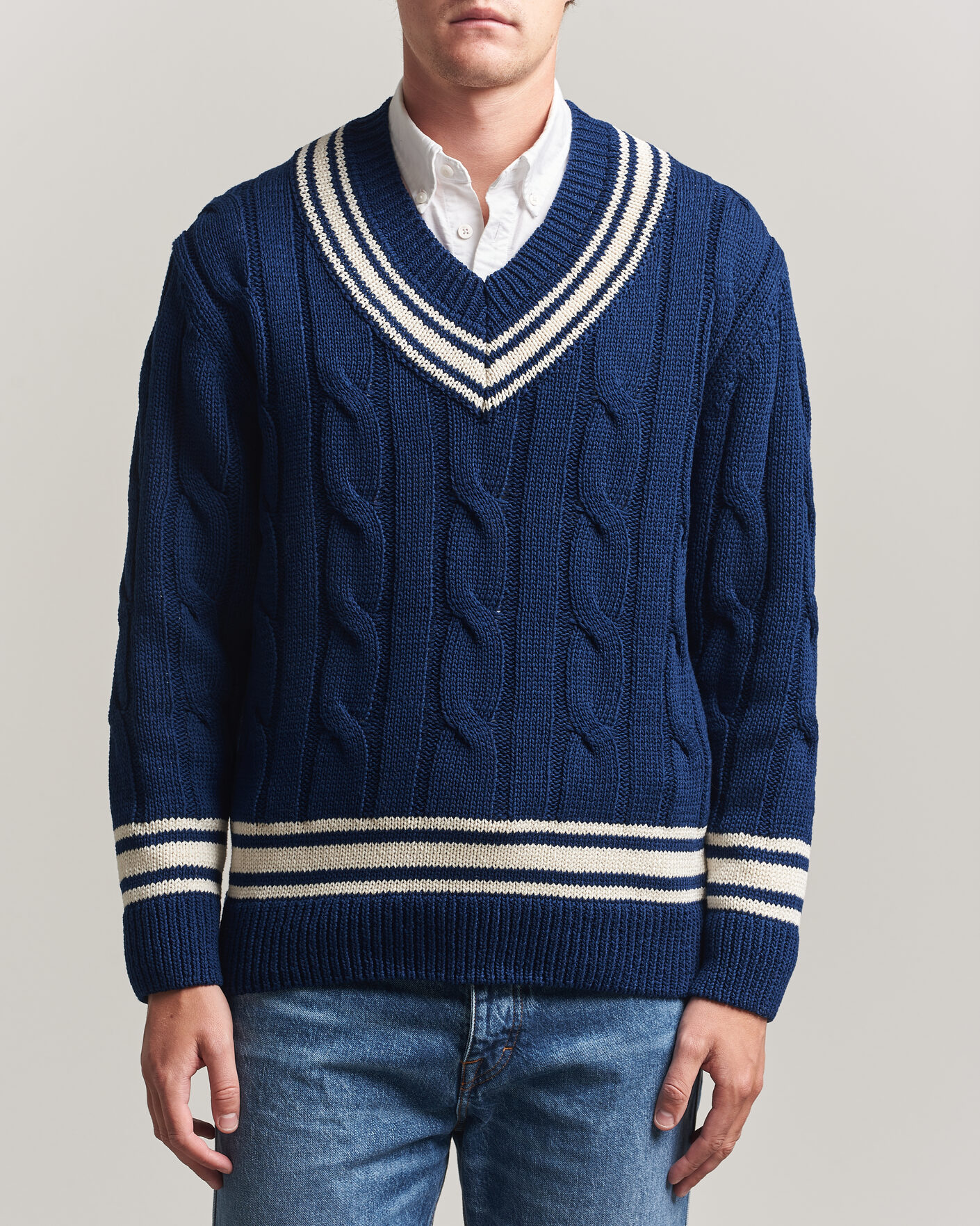 Herre | Trøjer | Gant | Mercerized Cotton Knitted Cable V-Neck Persian Blue