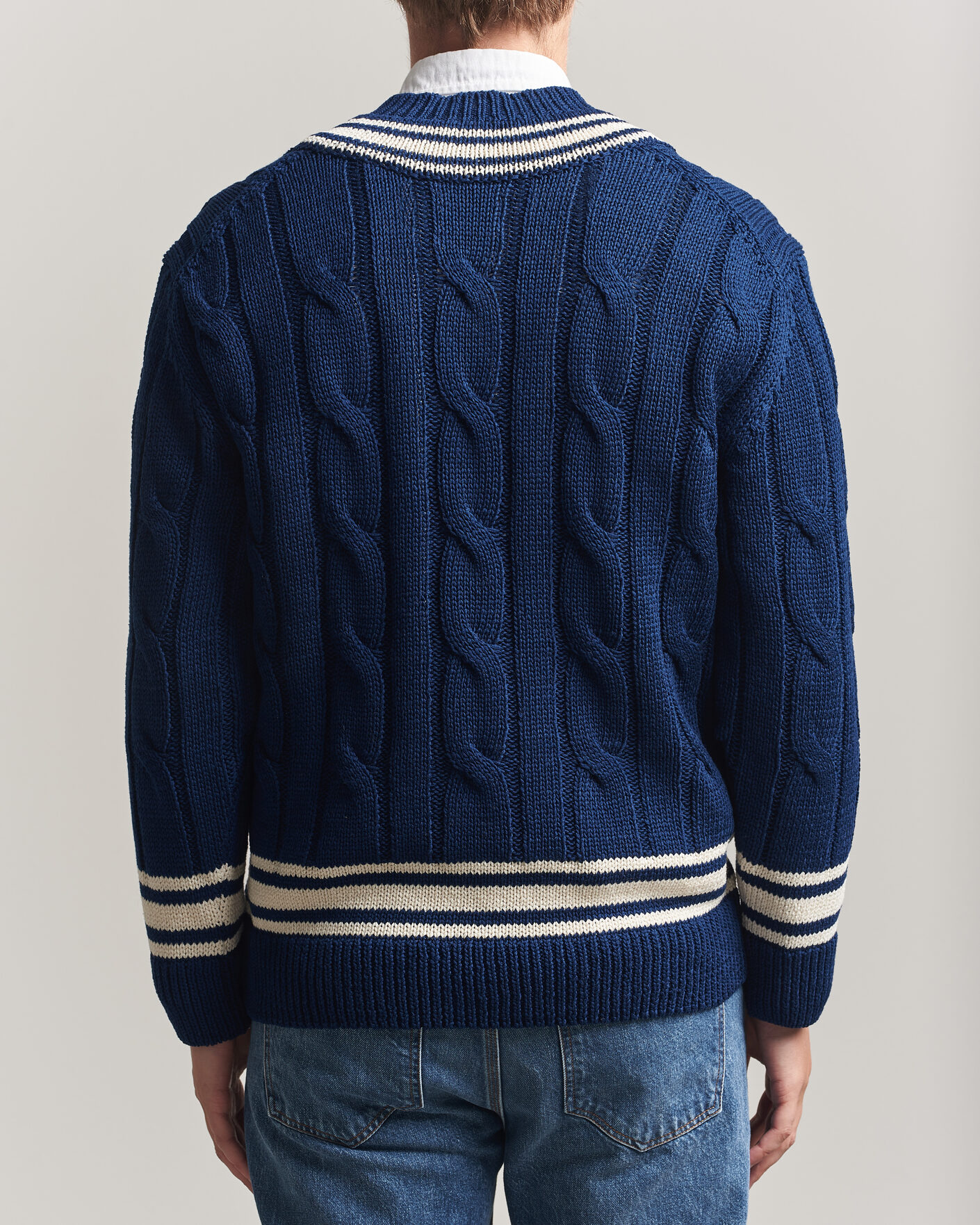 Herre | Trøjer | Gant | Mercerized Cotton Knitted Cable V-Neck Persian Blue