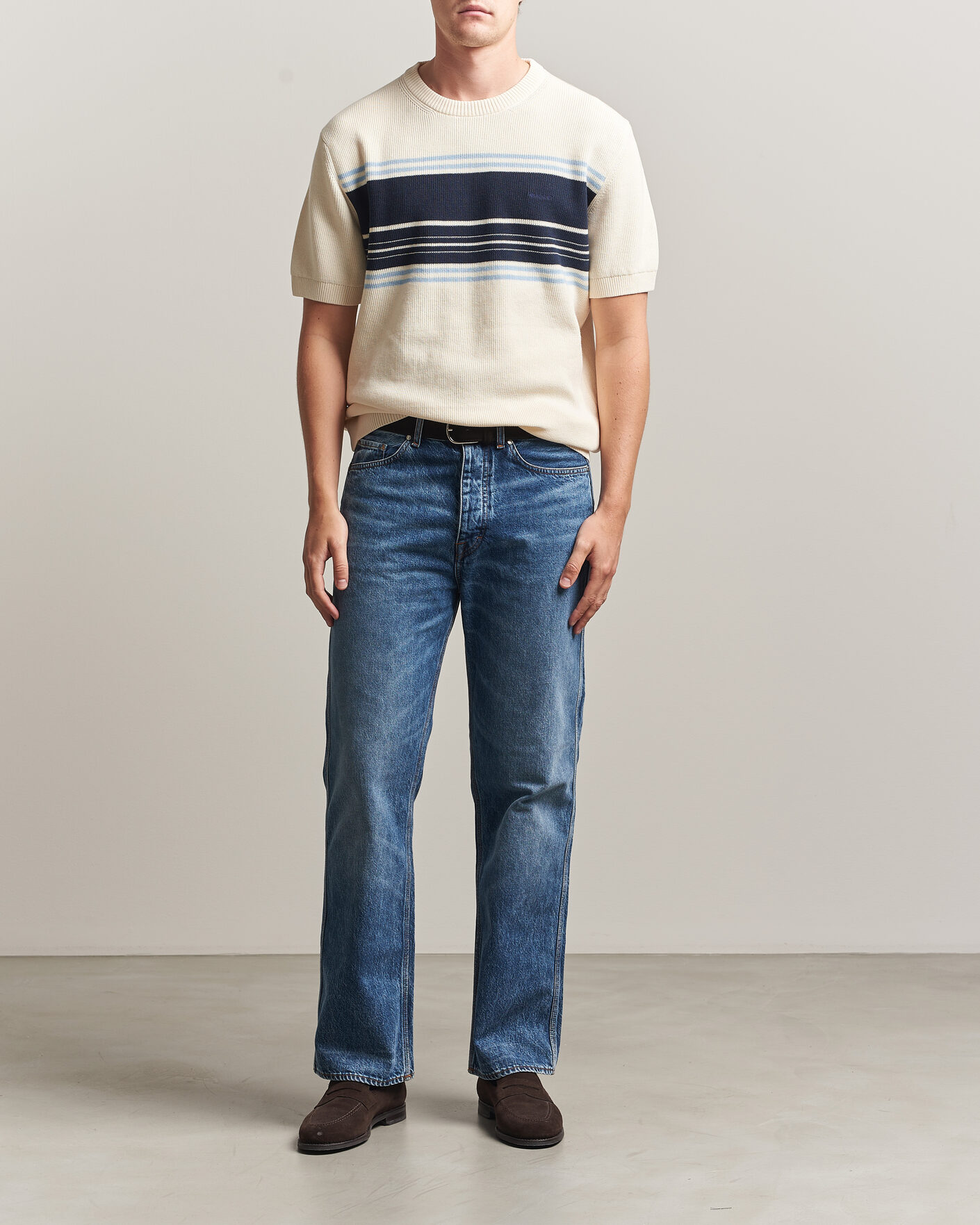 Herre | T-Shirts | Gant | Knitted Striped T-shirt Cream
